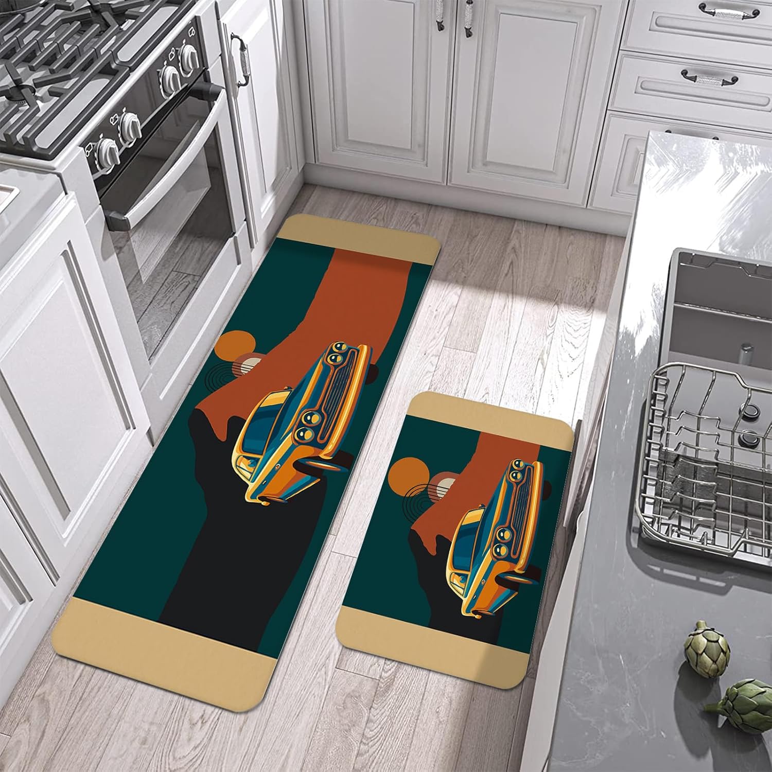 Halloween 2 Pieces Kitchen Mats Floor Area Rug Set Checkered Pumpkins Non-Slip Doormat, Indoor Water Absorbent Standing Runner Rugs for Home Decor Watercolor Retro Diamond Plaid