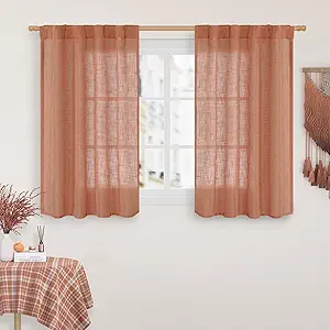 LAMIT Terracotta Linen Curtains 40 Inch for Small Window, Light Filtering Neutral Semi Sheer Window Boho Curtains Back Tab and Rod Pocket Panels for Living Room, 2 Panels, 34 x 40 Inch