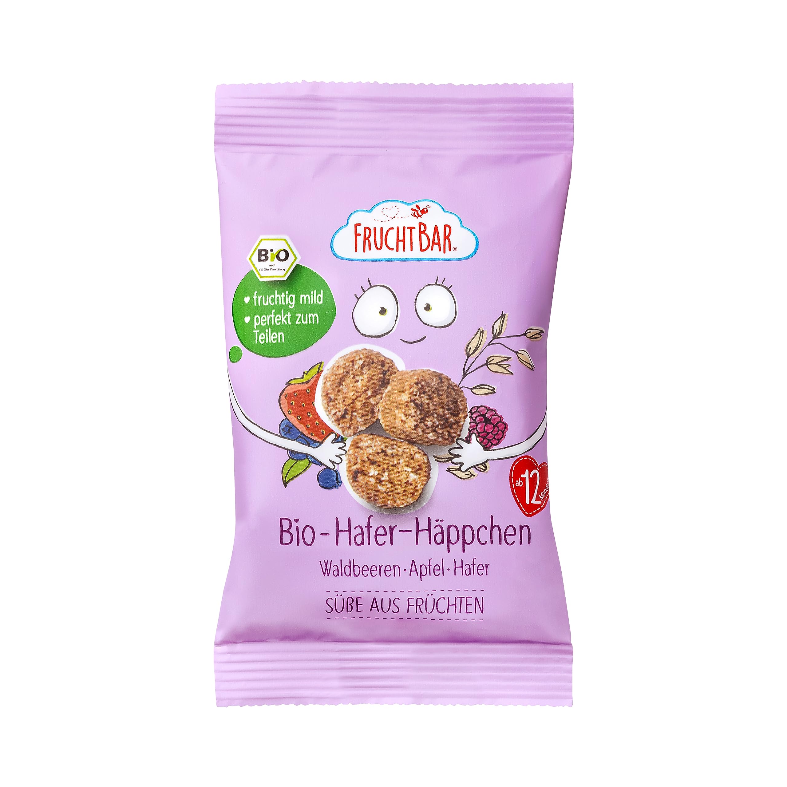FruchtBar Bio Hafer Häppchen mit Waldbeeren, Apfel, Hafer, 10er Pack, zuckerfreier Kinder-Snack, für Babys ab 12 Monaten & Kinder, 10x 40g