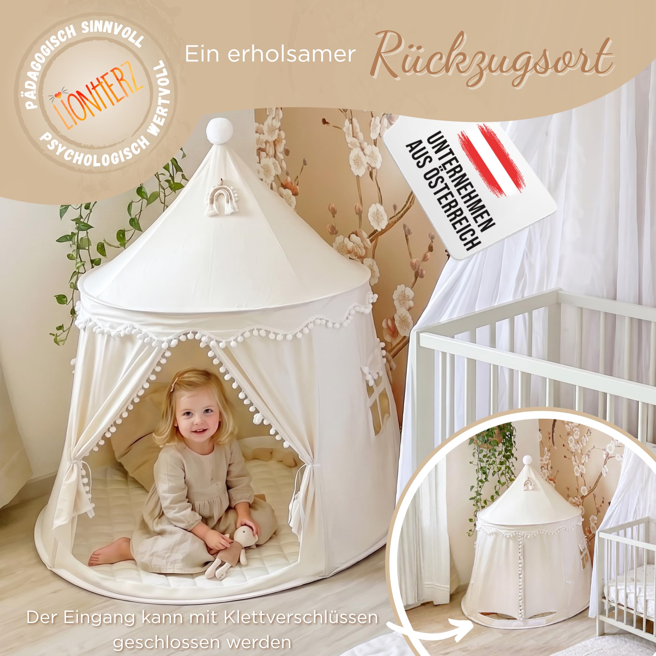 LIONHERZ® DAS ORIGINAL Spielzelt Baumwolle/Hanf | Kinderzelt Tipi Indoor | inkl. Bodenmatte, Deko-Regenbogen & Tragetasche | stabil durch Fiberglasstangen | atmungsaktiv | Tippi | Mädchen & Jungen