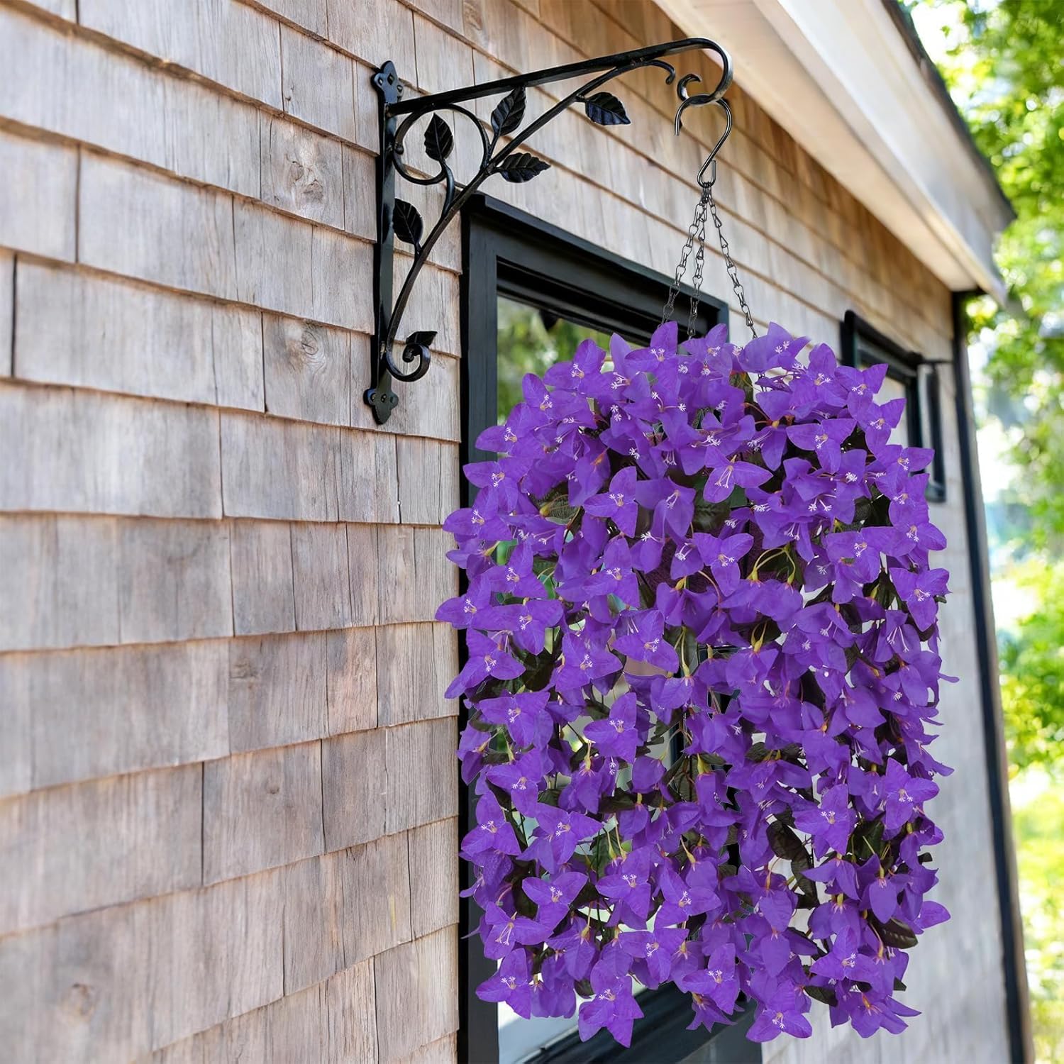 Artificial Bougainvillea Fake Artificial Flower Hanging Baskets for Outdoors Outside Decoration 2 Set Purple Silk UV Resistant Flower Long Trailing Realistic for Front Porch Patio Balcony Spring