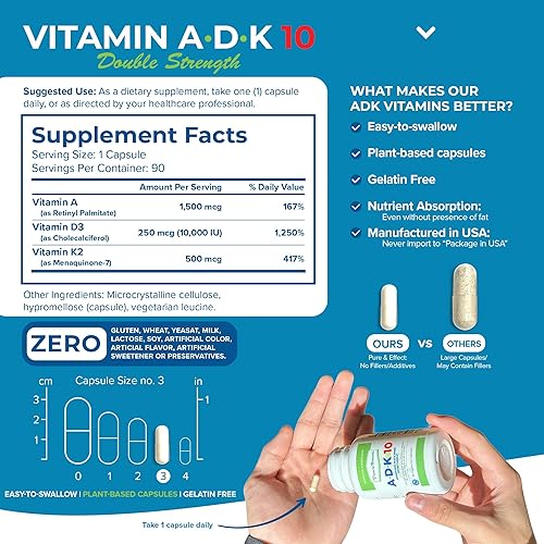 Miniatura 4 de Power By Naturals ADK 10 - Vitamina A de alta potencia, D3 10000 IU, suplemento K2 MK7 – 90 pastillas (1 unidad) para 3 meses de apoyo a la salud
