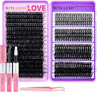 Lash Clusters Kit Wispy Lashes Clusters Kit D Curl Eyelash Clusters 5 Styles Eyelashes Cluster Lashes Soft Cluster Eyelash Extensions+Lash Bond&Seal,Tweezers(120D+40D+60D+80D+100D Lash Kit)