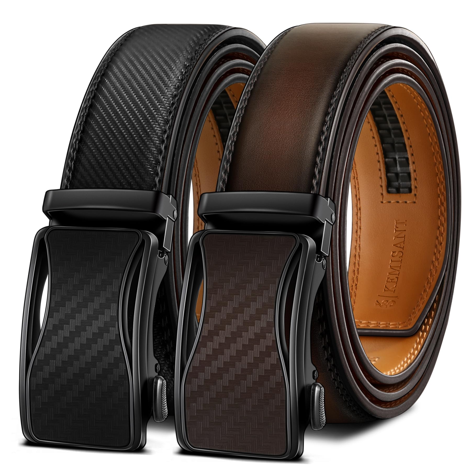 KEMISANT Mens Ratchet Belt 2 Units,Sliding Belt For Gift Mens Dress Casual 1 3/8",Size Adjustable