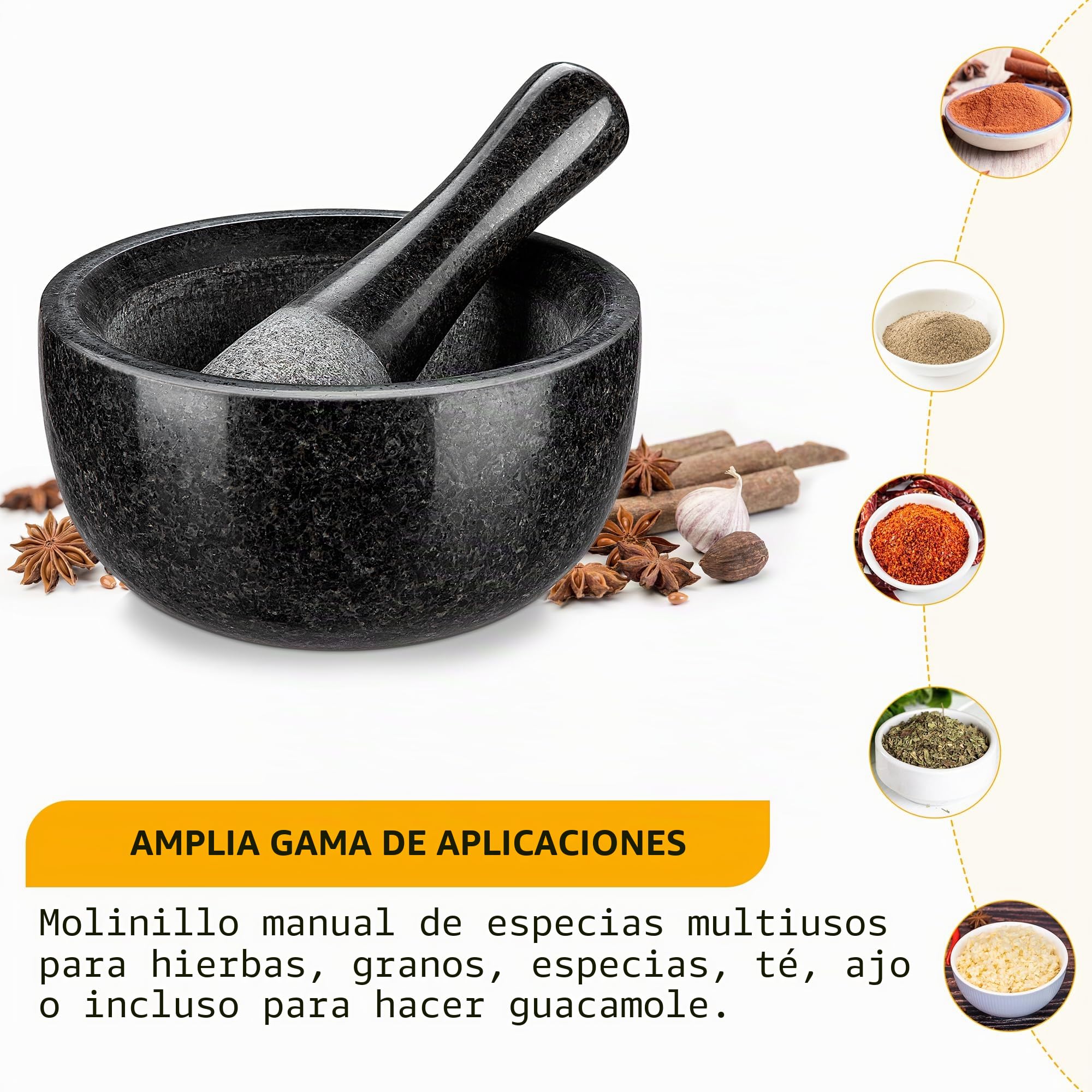 Velaze - Mortero y Millón de cocina de granito, para especias y hierbas, diámetro de 16 cm, color piedra natural