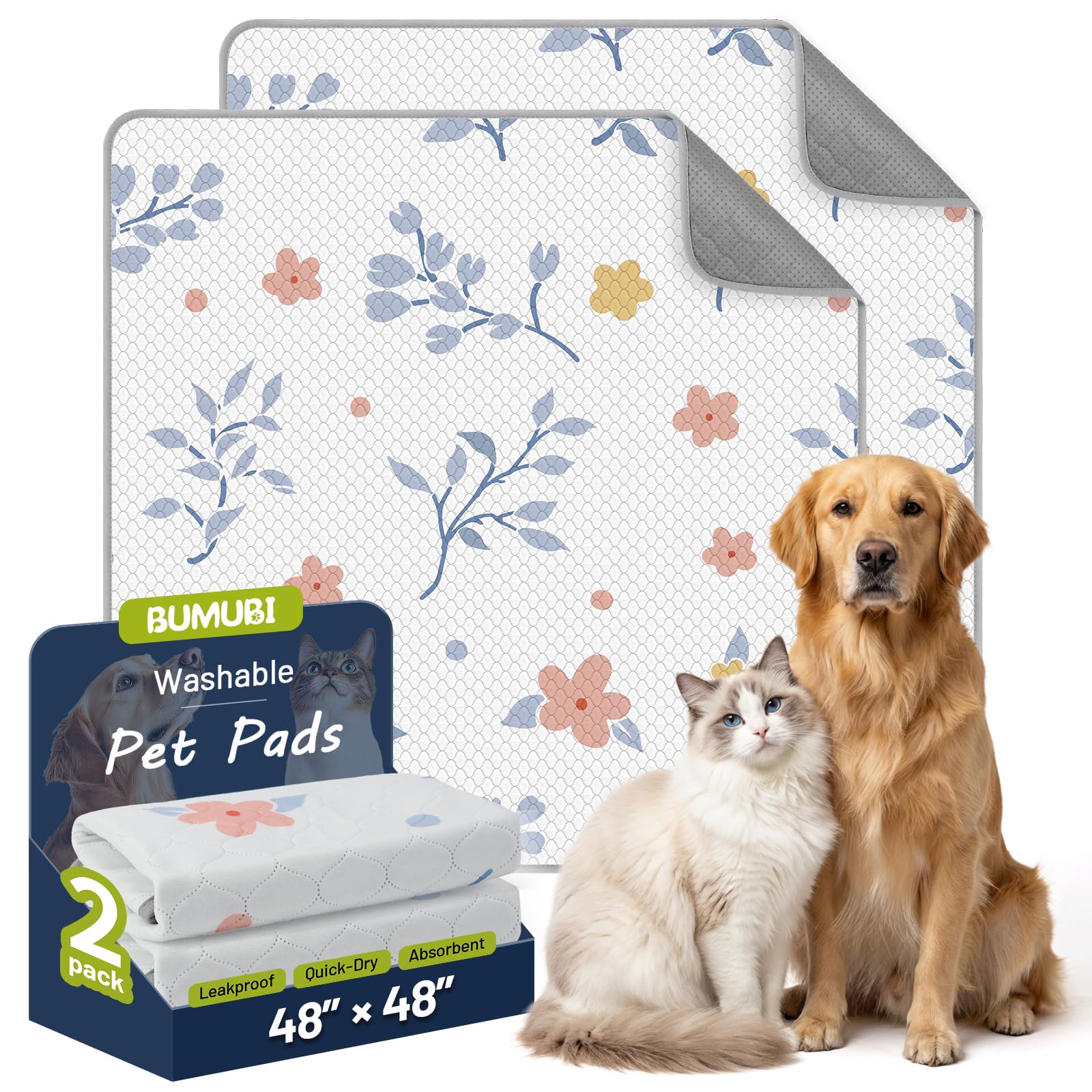 Photo 1 of BUMUBI Washable Dog Pee Pads, 48x48 Inch, 2 Pack