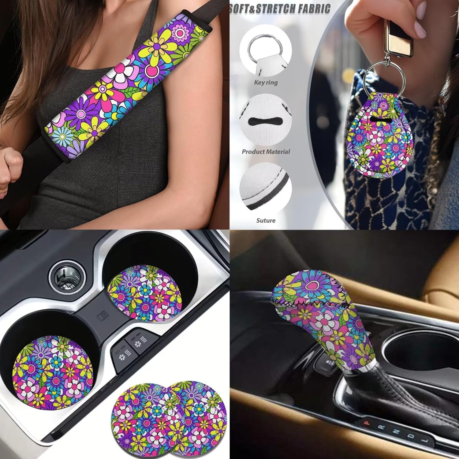 14 Pcs Daisy Flower Car Accessories Full Set for Women Girly Daisy Car Seat Cover Steering Wheel Cup Holder Armrest Pad Gear Shift Cover,Car Handbrake Cover,Fit for Most Truck SUV