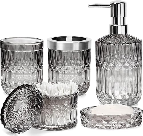 Miniatura 8 de Ulable Juego de accesorios de baño, 5 piezas, dispensador de jabón de baño, juego de accesorios de baño de vidrio verde con dispensador de loción,