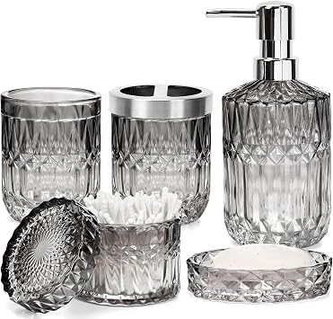 Black Bathroom Accessories Set, 5 Pcs Vintage Diamond Clear Glass Bathroom Set Include Lotion Soap Dispenser, Soap Dish, Toothbrush Holder, Tumbler, Cotton Swab Jar for Modern Bath Countertop Decor