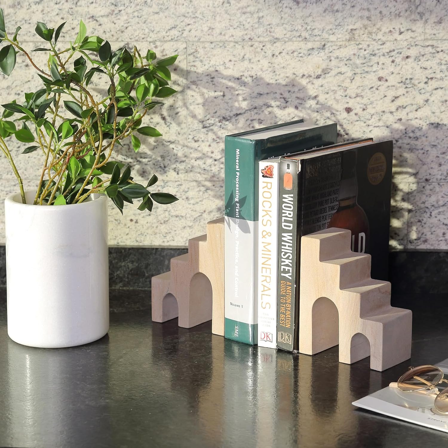 Natural Marble Book Ends for Shelves, Decorative Stone Bookends for Heavy Books, Aesthetic Castle Book Holder/Stopper for Chic Home, Office, or Library Decor, Ideal for Any Bookshelf, Set of 2