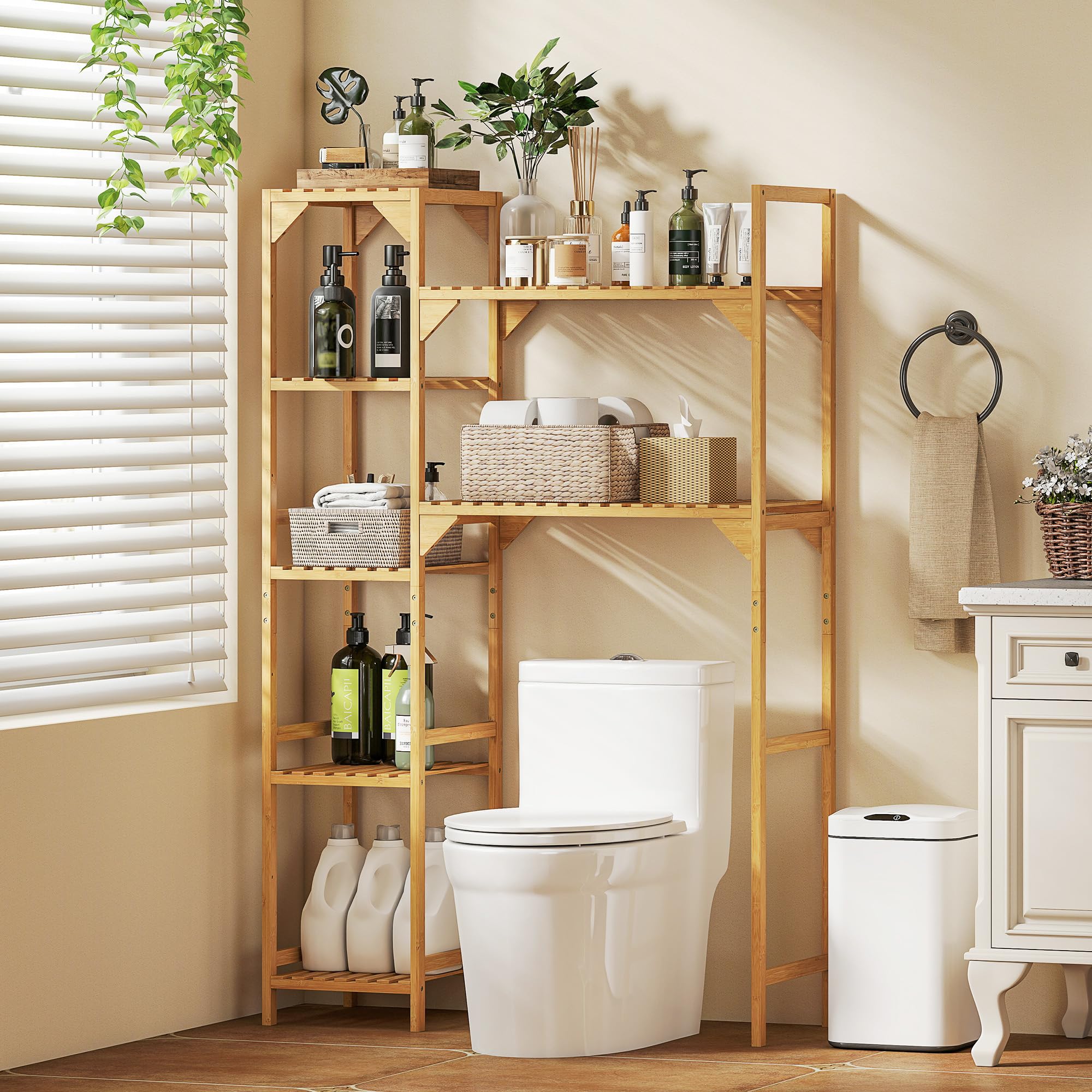 HOMCOM Étagère au-Dessus de Machine à Laver en Bambou, Meuble de Salle de Bain Moderne avec Étagères Réversibles, Meuble de Rangement pour Buanderie, Salle de Bain, Bois Naturel