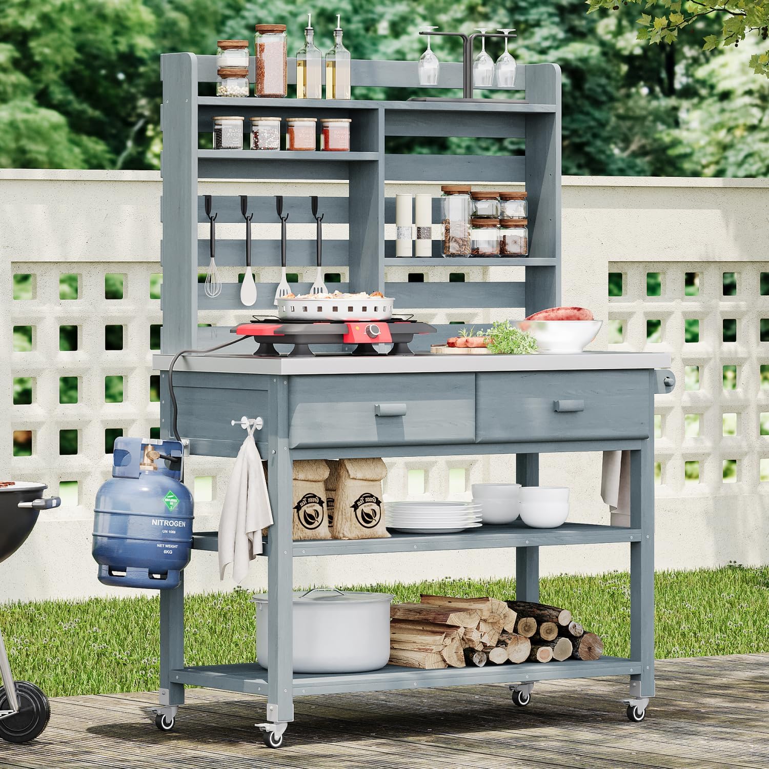 64.9" Outdoor Potting Bench Table with Lockable Wheels, Solid Wood Outdoor Kitchen Island with Upper Hutch, Stainless Steel Top, Towel Rack, Outdoor Storage for Grilling, Lawn Garden - Grey Blue