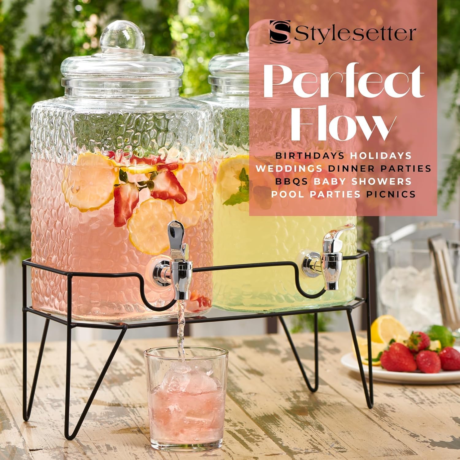 Style Setter Szklane dozowniki napojów premium z metalowym stojakiem na imprezy, zestaw dozowników zimnych napojów, lemoniady, koktajli, soków, na imprezę, 4,5 l, 2 sztuki