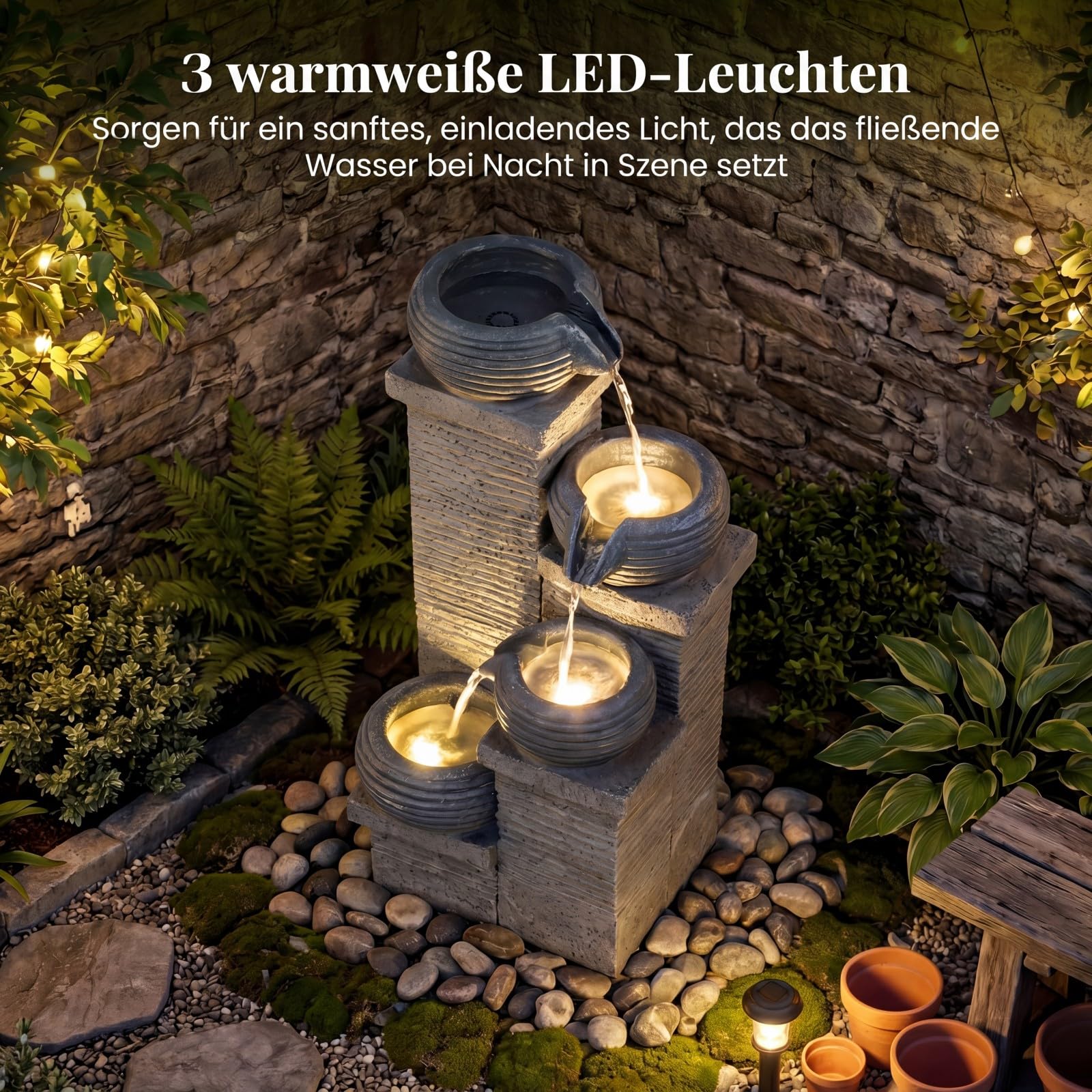 COSTWAY 4-stufiger Springbrunnen, Gartenbrunnen mit LED Beleuchtung & Pumpe, Kaskadenbrunnen Kunstharz, Steinoptik, Zimmerbrunnen draußen, Wasserfall Brunnen Garten, 28 x 22 x 58 cm