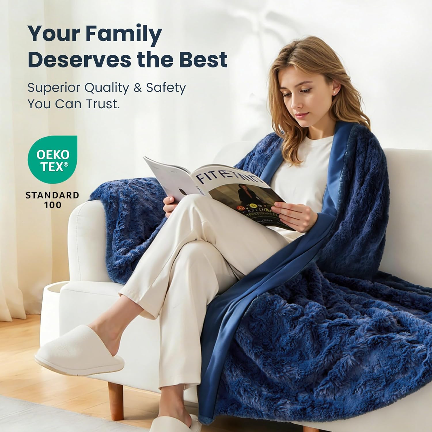 Sophia & William Navy Blue Faux Fur Textured Throw Blanket for Couch - Soft Throws for Chairs, Hypoallergenic Fabric with Rumpled Floral Pattern Seasons (60x80”, Navy Blue) - Image 2