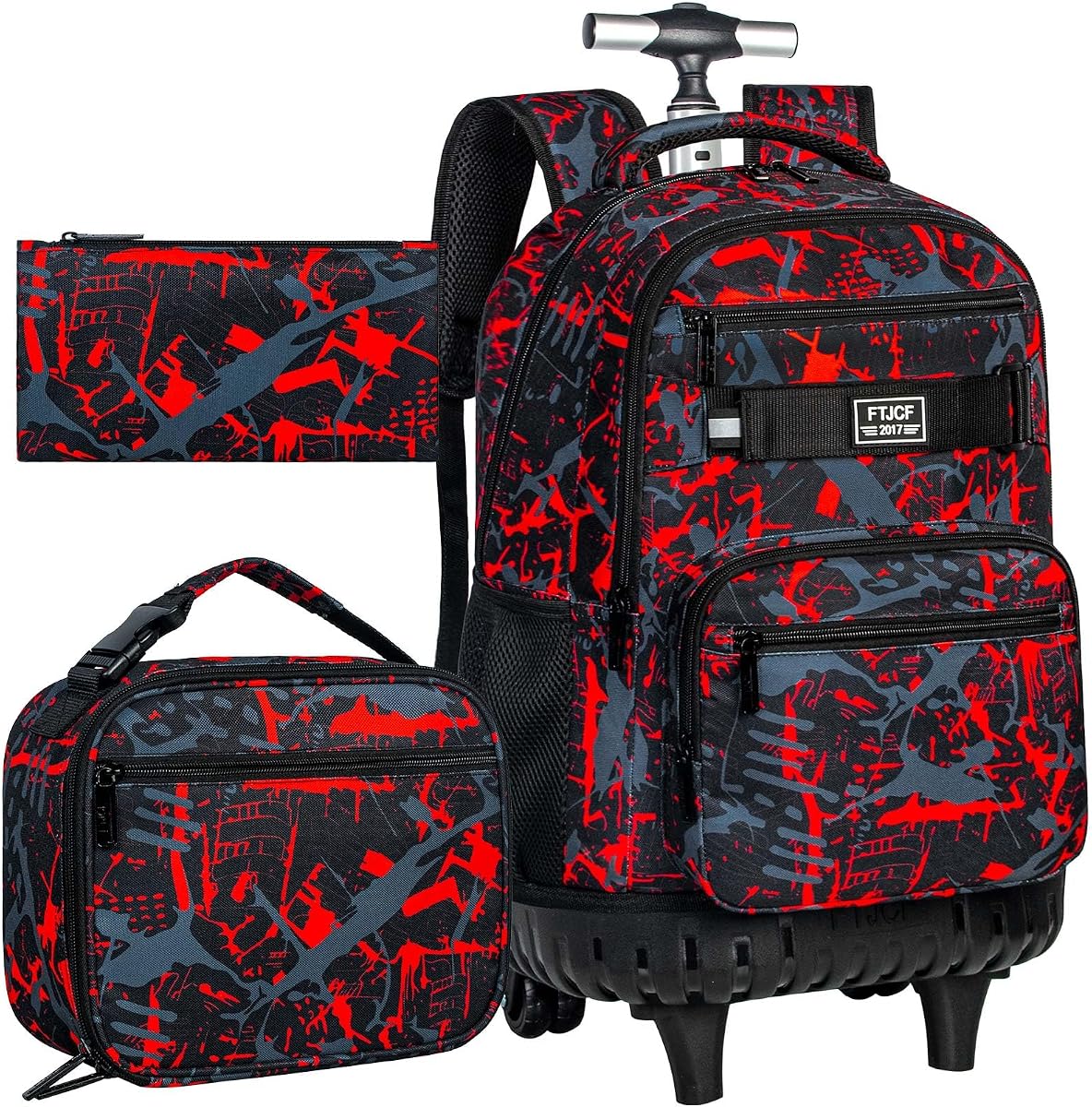 3Pcs Rolling Backpack for Boys, 19 Inche Adults Roller Bag with Wheels, Graffiti Wheeled Bookbag Set for Men(Red)