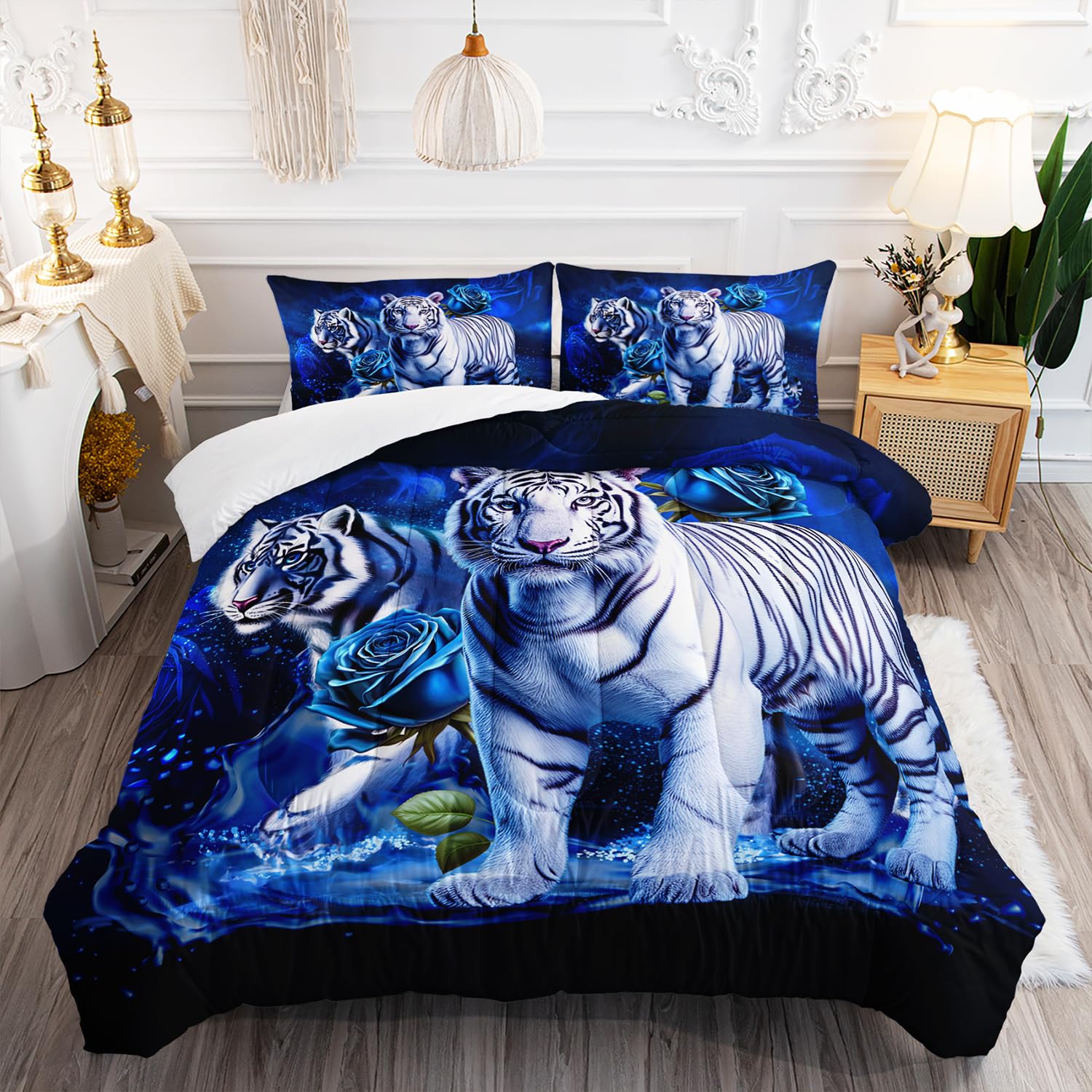 Nttopship Rose Tiger Bedding Comforter Set Kids Teens Men Blue Full Size Bedding Set Wild Animal Printed Bed Set 3 Piece Boys Dorm