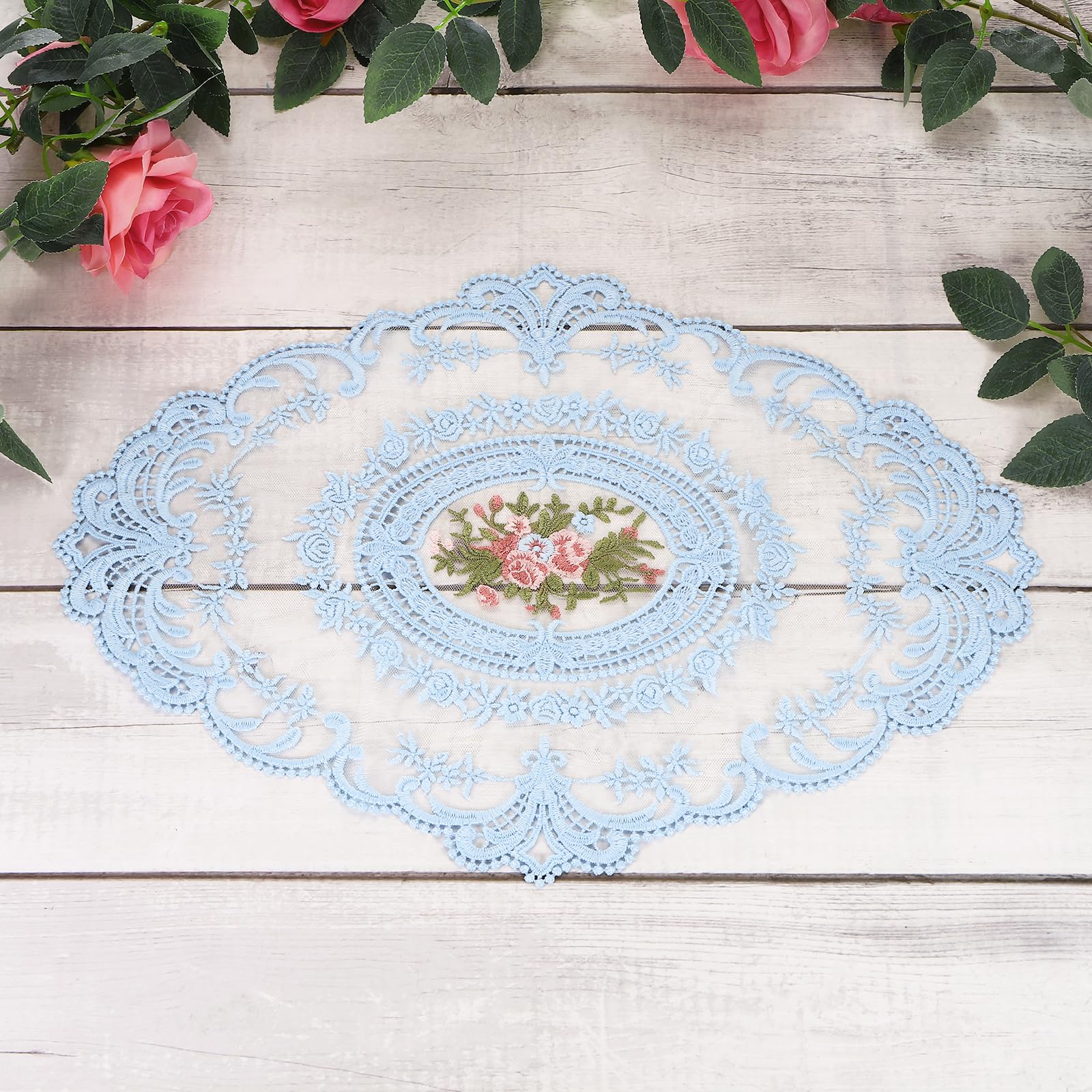 Napperon ovale en dentelle lot de 3 tapis crochet bleu ciel pour vase et déco table