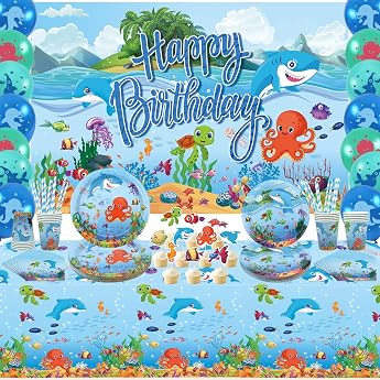 Under the Sea Party Supplies - Plates Cups Napkins Tablecloth Balloons Cake Decoration for Underwater World Birthday Party Decorations 20 People