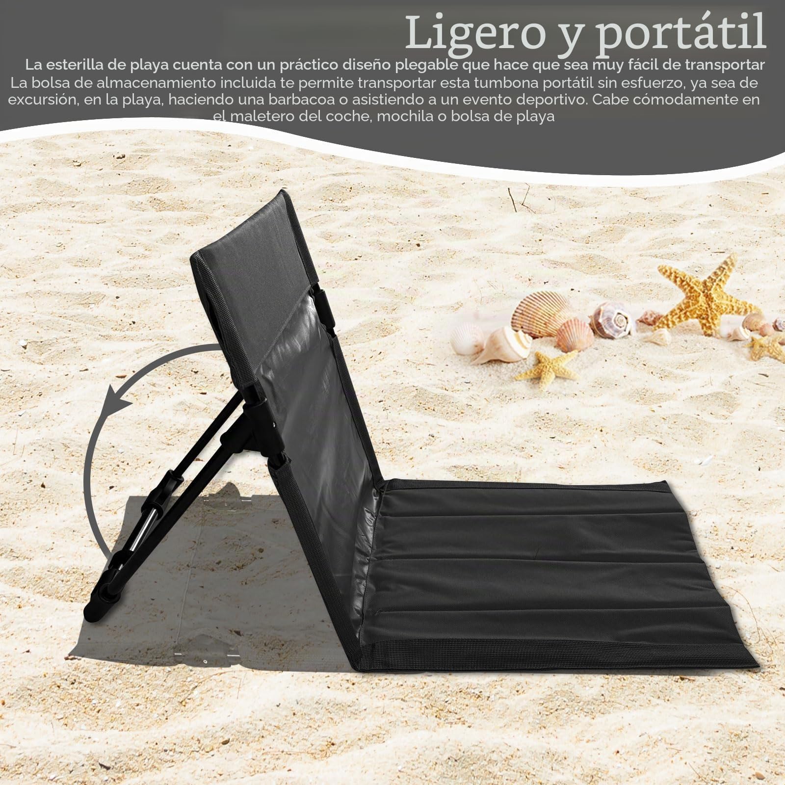 Silla de Suelo Plegable con Respaldo,Ligero y Plegable Tumbona Playa,Ajustable Esterilla De Playa Plegable para Camping, Actividades al Aire Libre, Playa y Viajes (Negro)