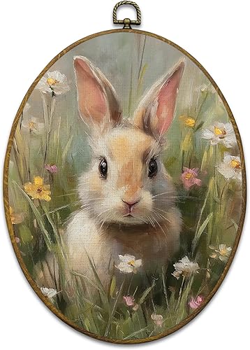 Mcehtle Easter Bunny Wall Art Decor, Spring Cottagecore Wildflower Rabbit Bunny 