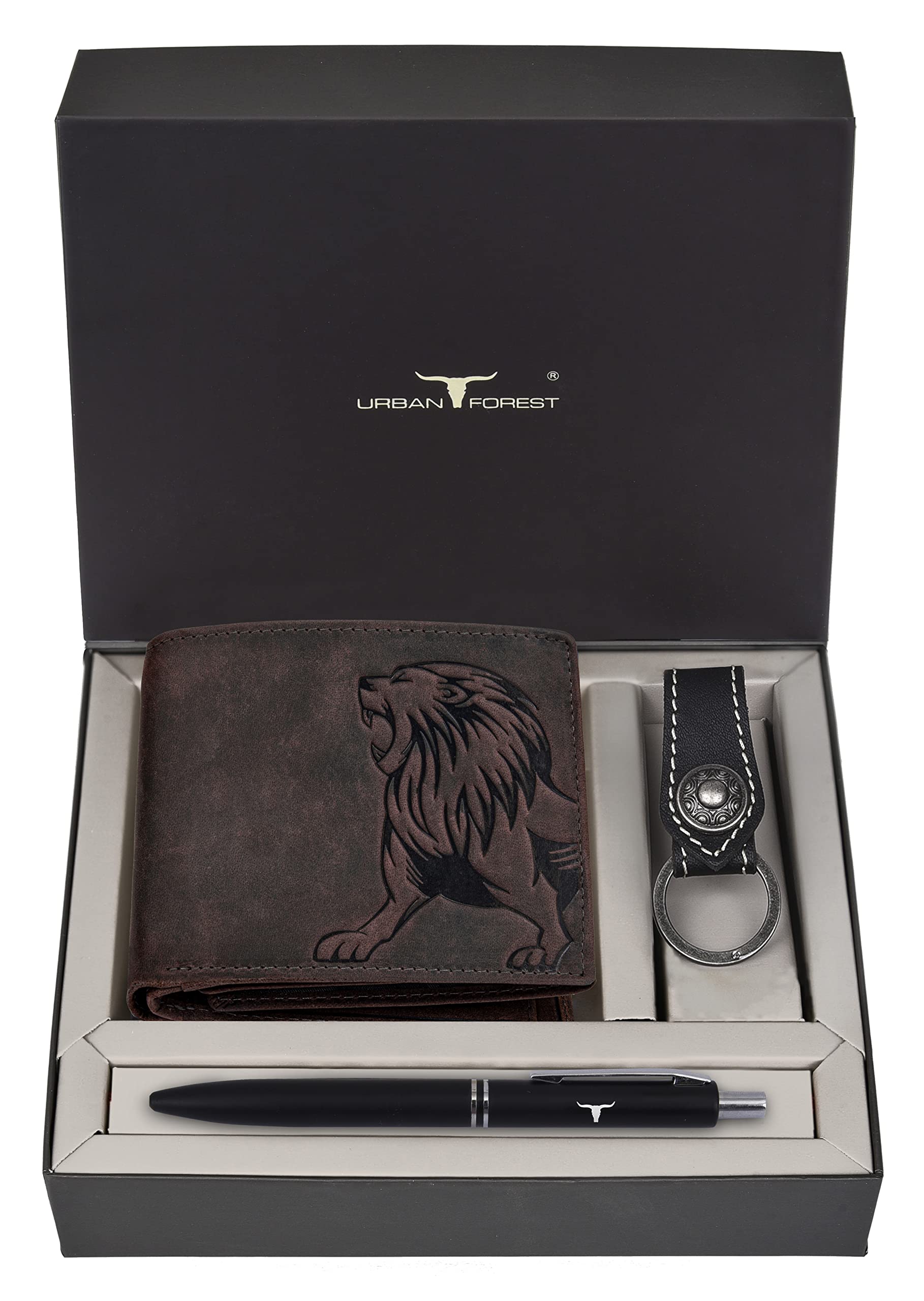 URBAN FOREST Leo Vintage Brown Leather Wallet + Black Pen + Keychain Combo Gift Set for Men - Image 2 thumbnail