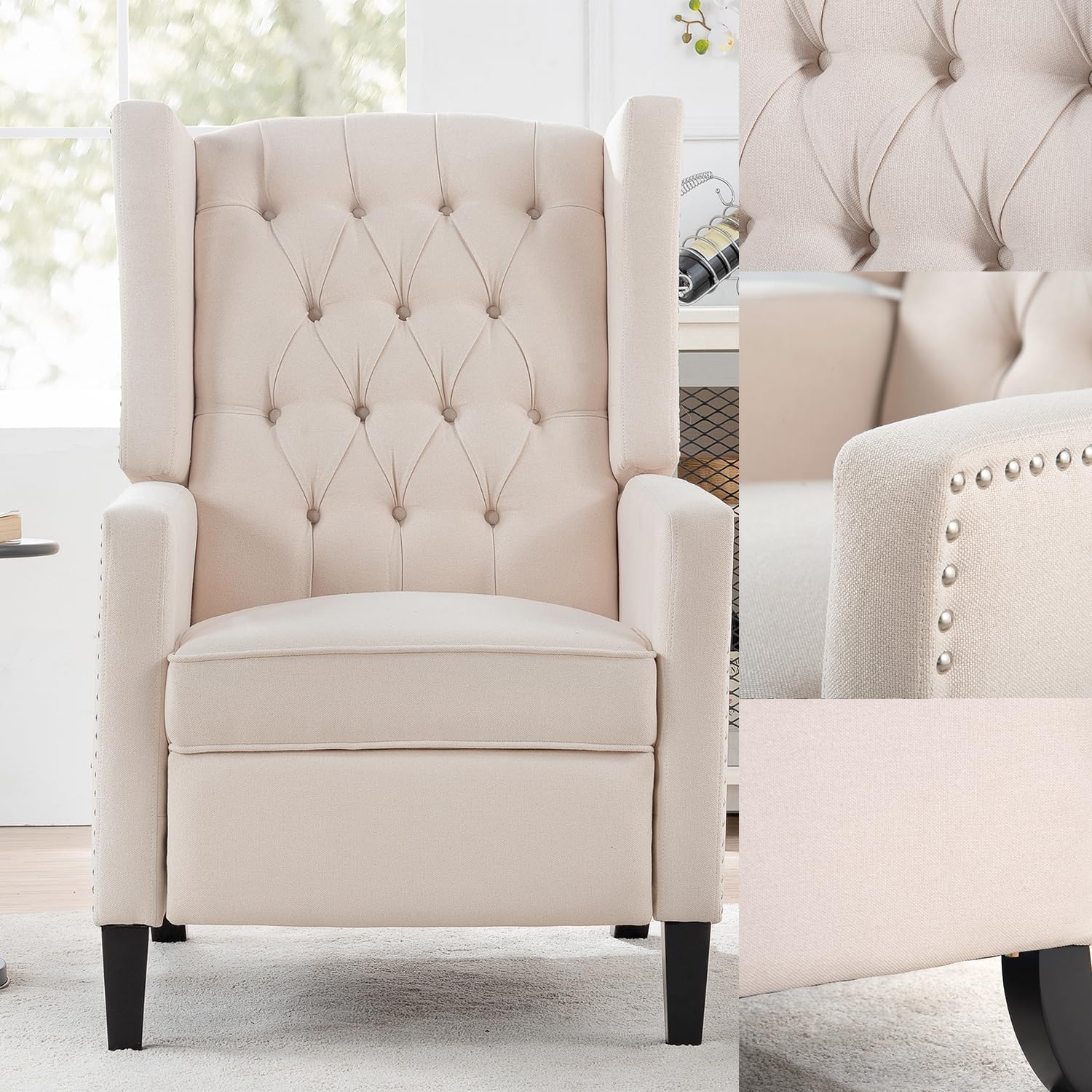 Pushback Recliner,Comfortable Wingback Recliner Sofa Chair with Adjustable Backrest Tufted Fabric Upholstered Armchair Retro Rivets Decorated for Living Room Bedroom Office Home Theater (White)
