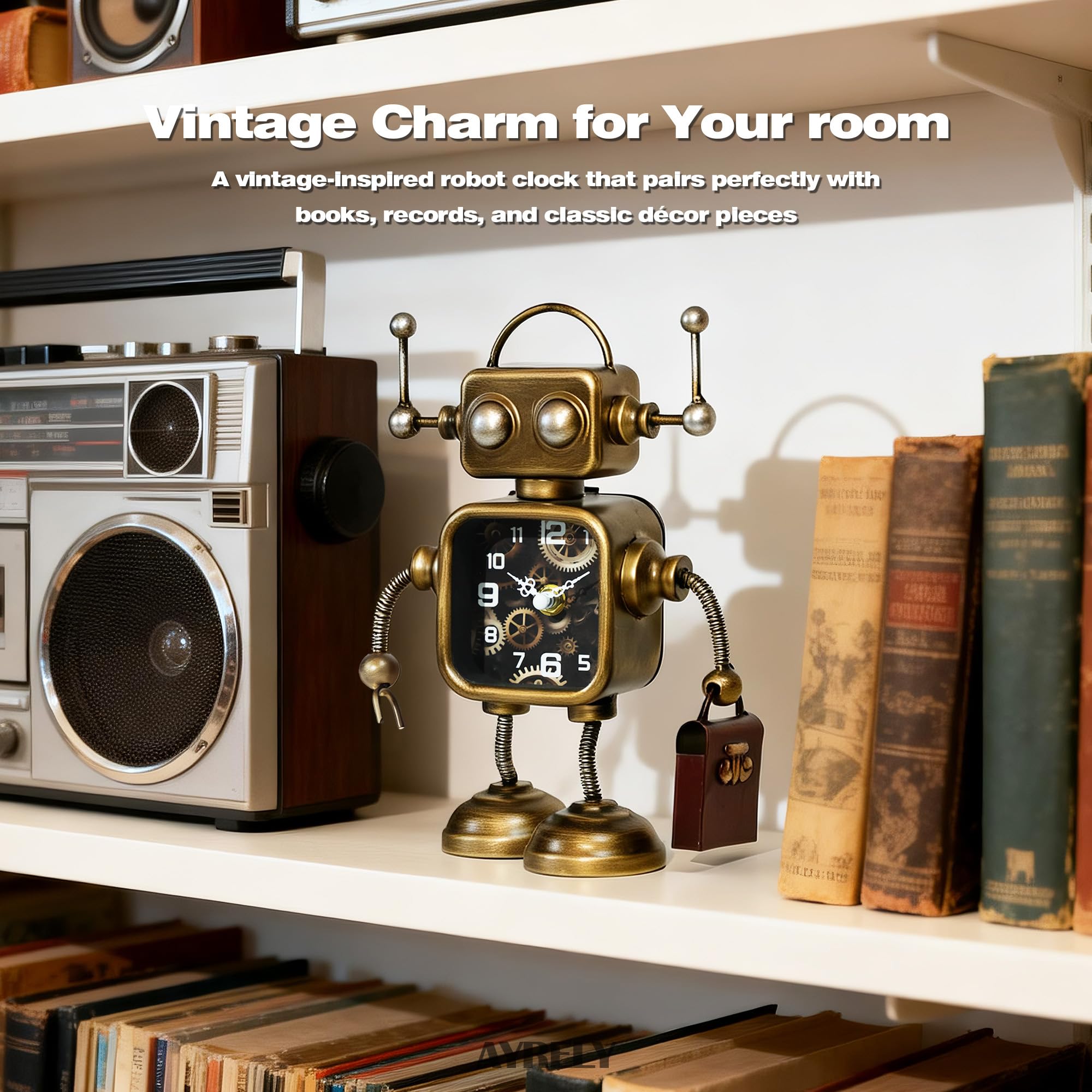 AYRELY® Vintage Roboter Uhr, Steampunk Tischuhr aus Metall mit Zahnrad-Design, Industrielle Deko Uhr für Schreibtisch, Regal, Kamin und Wohnzimmer