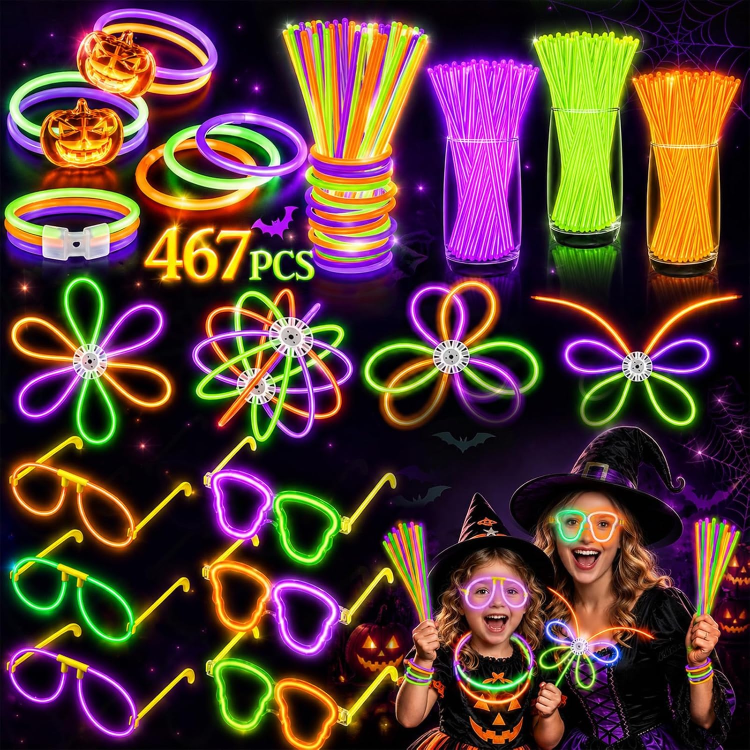 BUDI 467Pcs Halloween Glow Sticks Party Favors, Glow in the Dark Party Pack