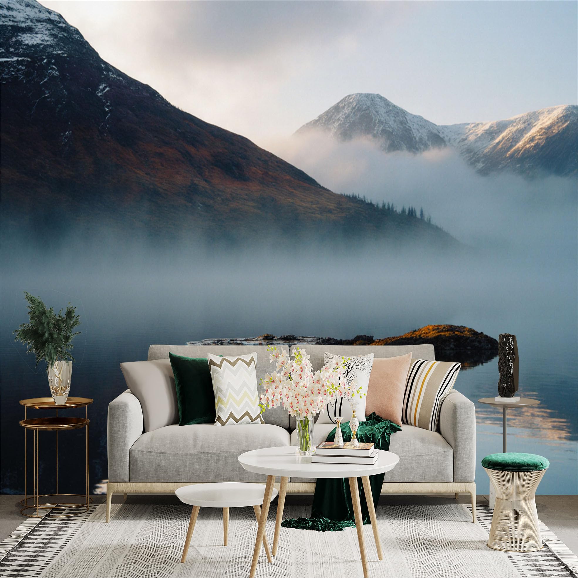 Custom Size Wall Sticker Mural， Misty Mountains with Lake Reflection and Morning Fog Landscape， for wall Decoration， peelandstick wall Decals.