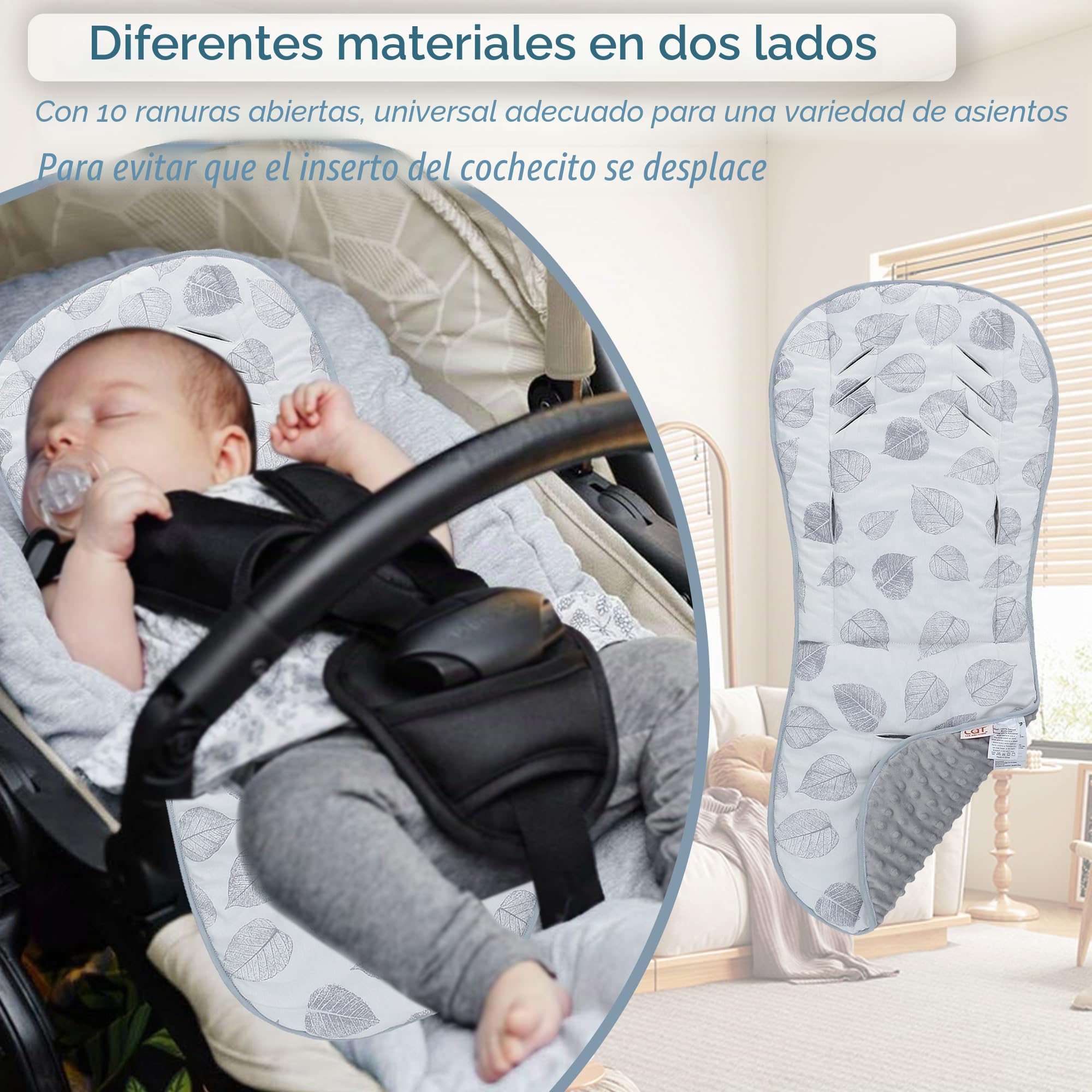 LAT Colchoneta Silla Paseo, Almohadilla Reversible para Cochecitos, Cojín Doble Cara para Silla de Auto y Carrito, Suave y Transpirable, Funda Universal para Bebés y Niños Pequeños (Hoja Gris)