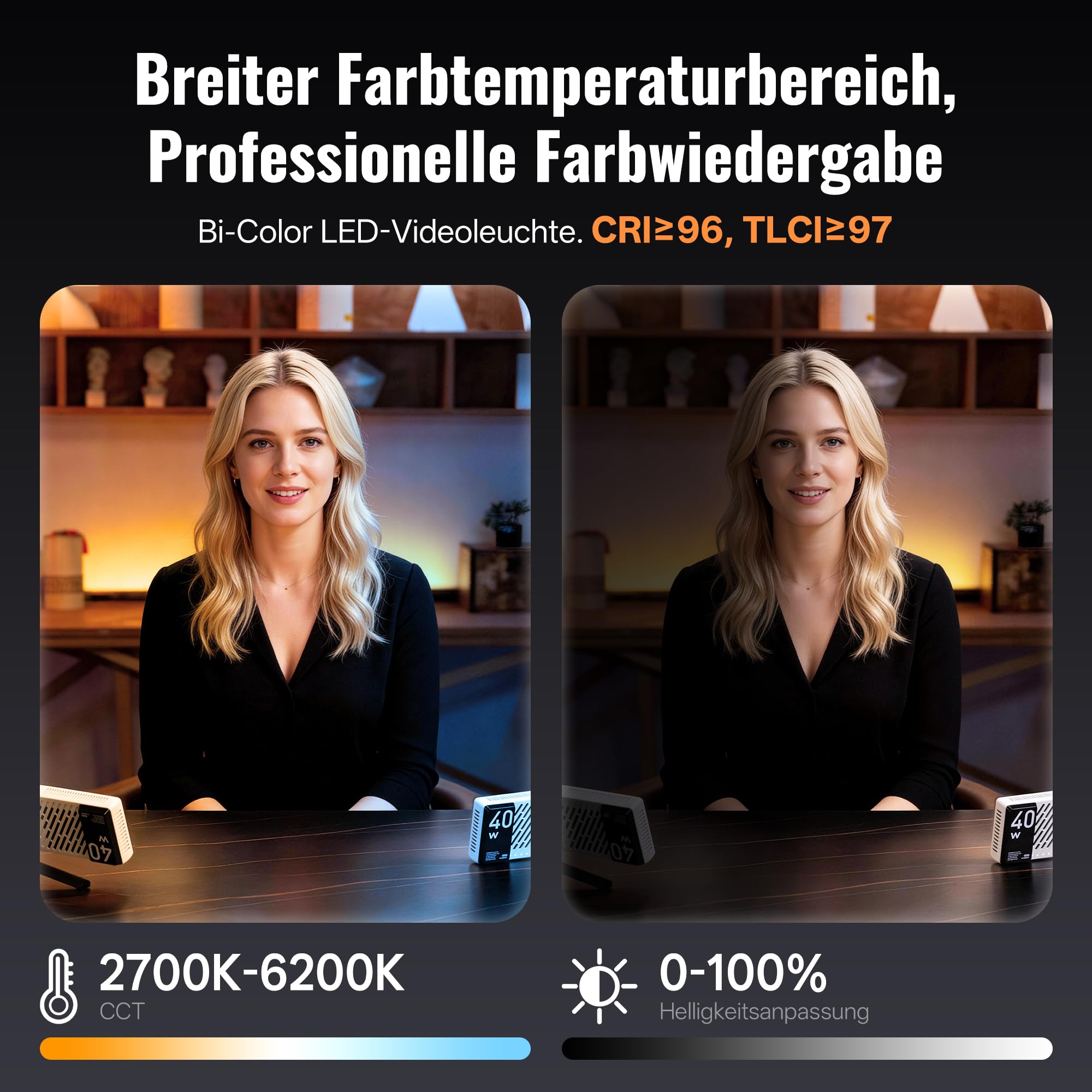 ZHIYUN FIVERAY M40 LED Videoleuchte [Official], 40W Videolicht mit 14000 Lux und 2700-6200K, CRI 96+, 320g Tragbares Video/Foto/Kamera/Streaming Licht für YouTube TikTok, mit 176 LED
