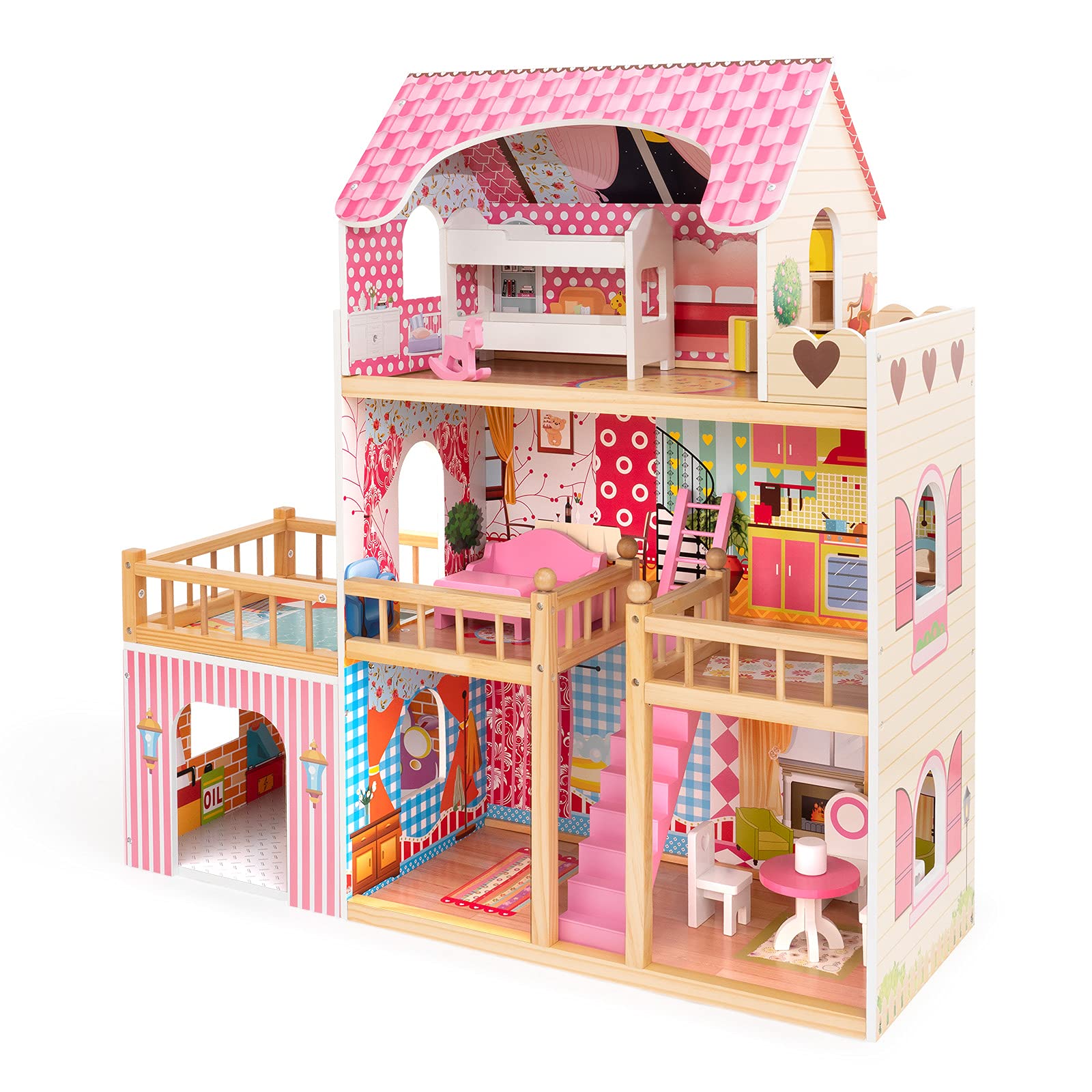Buy ROBUD Wooden Dollhouse for Kids 312 Years with Furniture 3ft Tall 3Storey Preschool
