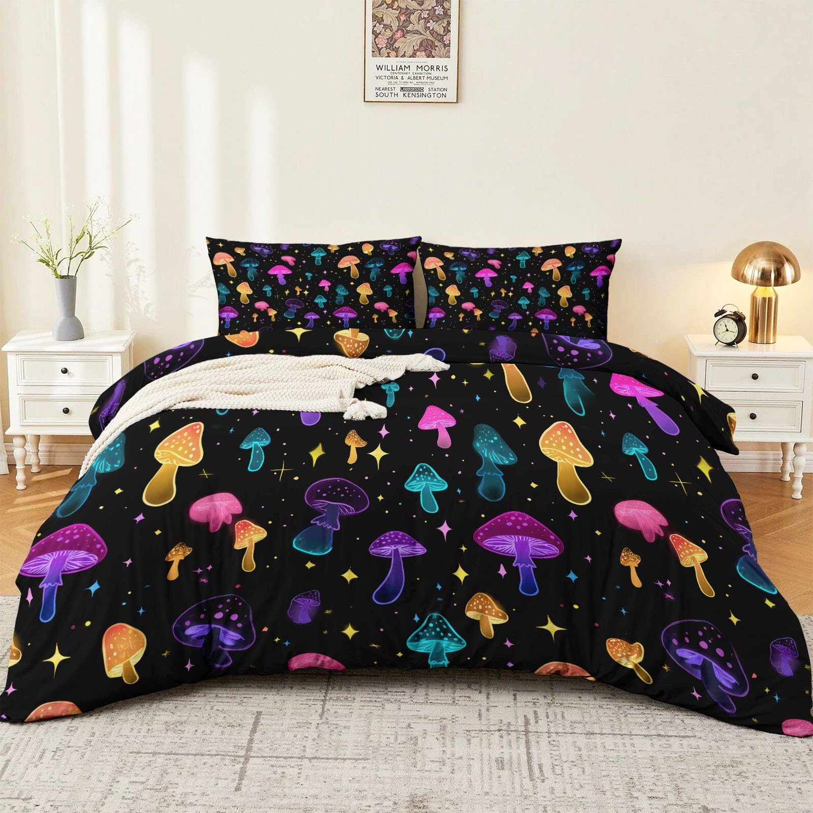 Housse de couette 220x240 microfibre douce anti-plis parure de lit 2 personnes champignon néon