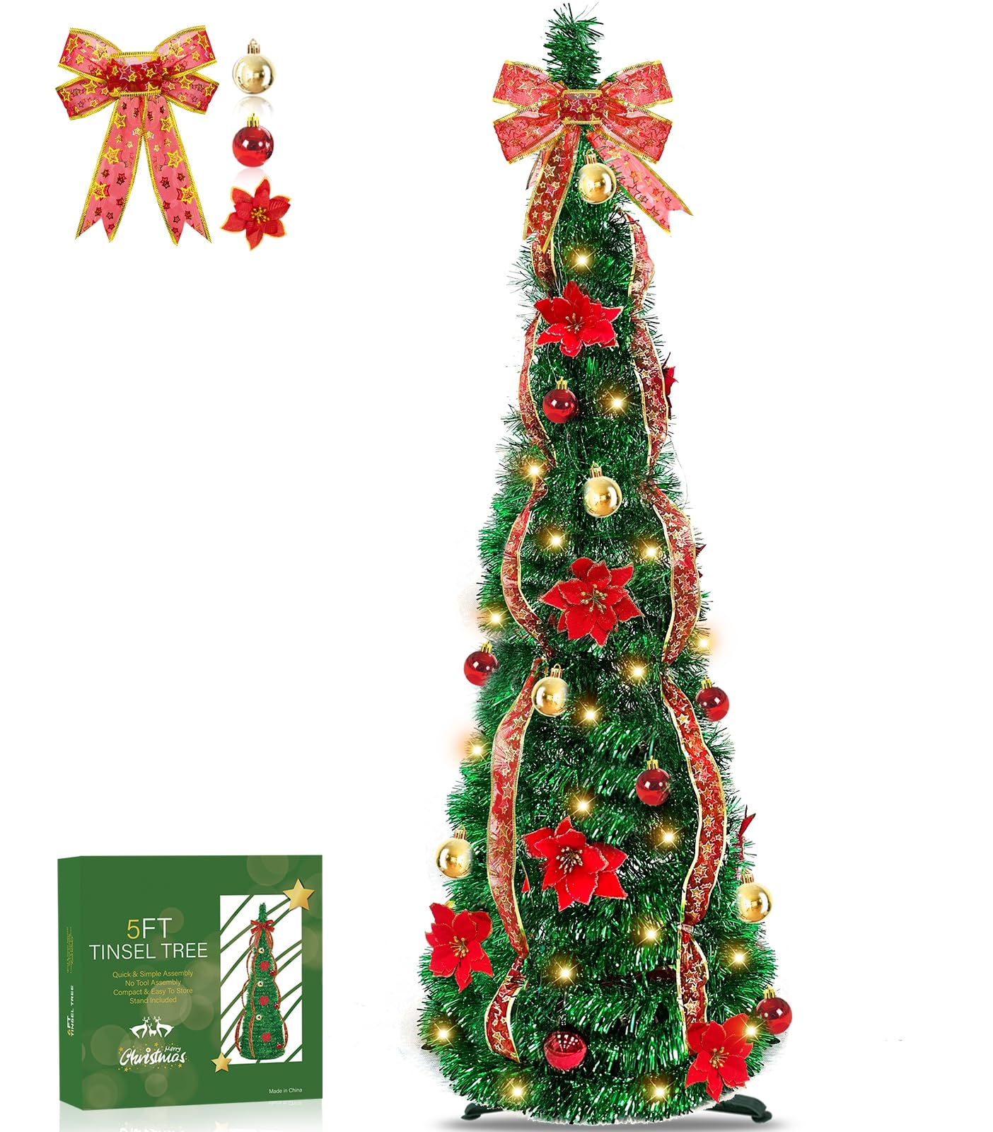 Photo 1 of 5Ft Collapsible LED Christmas Tree with Timer, Tinsel Ribbons, Battery Operated - Green