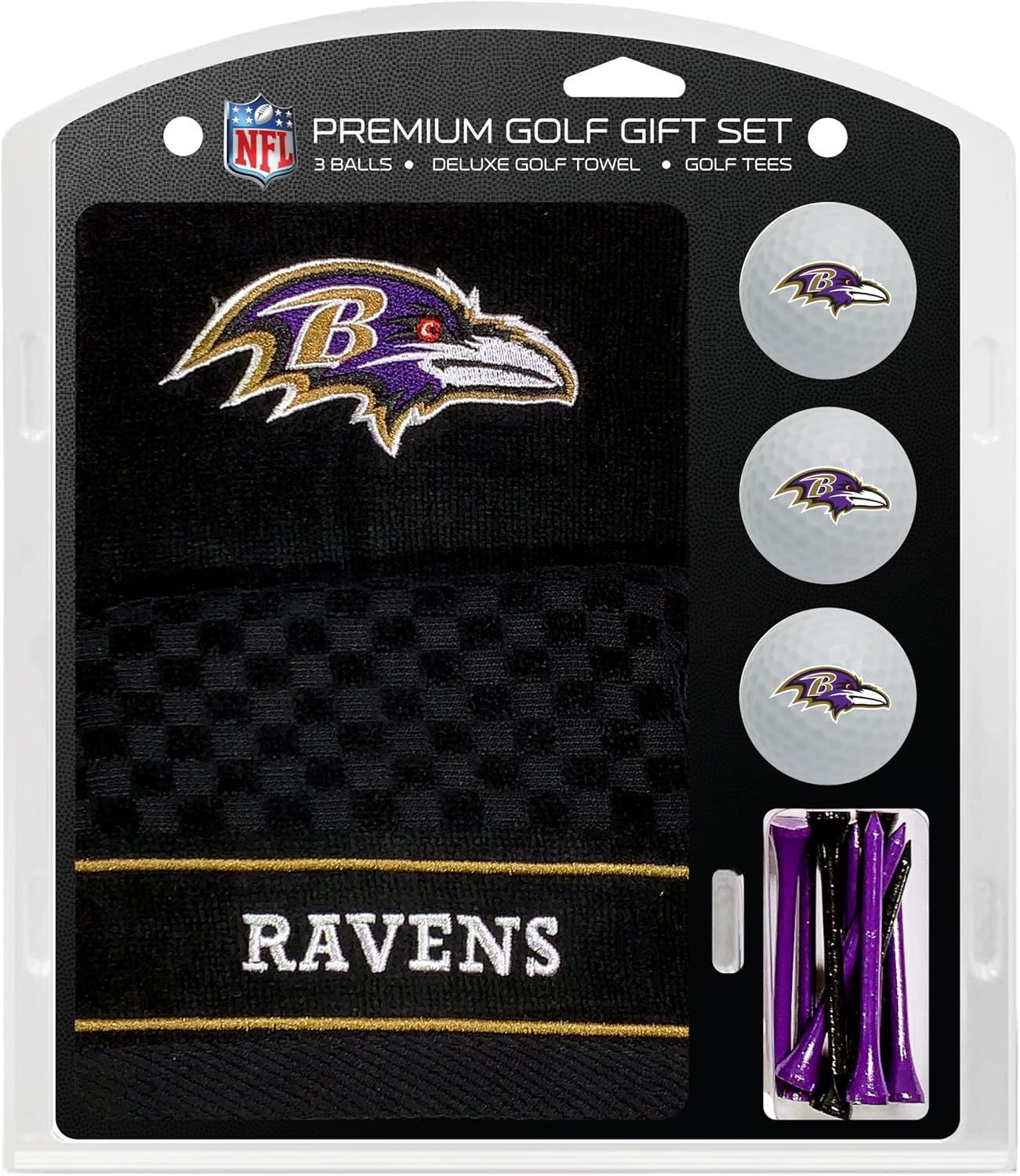 Team Golf NFL Baltimore Ravens Gift Set: Embroidered Golf Towel, 3 Golf Balls, and 14 Golf Tees 2-3/4" Regulation, Tri-Fold Towel 16" x 22" & 100% Cotton