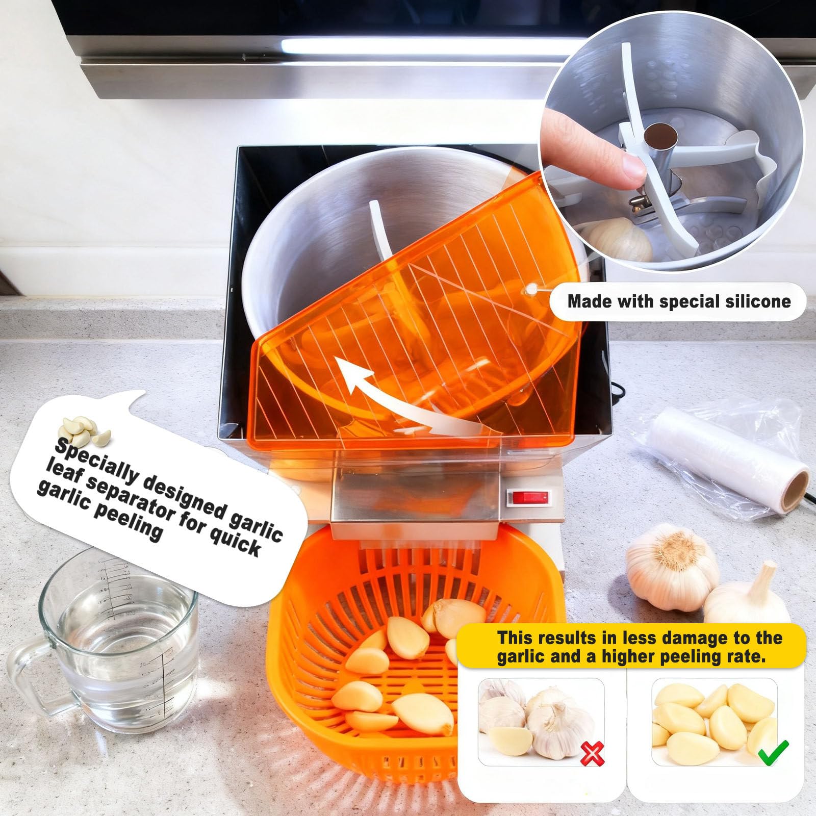 Automatische Elektrische Knoblauchschälmaschine (200 W), Für Gastronomie Und Haushalt Knoblauchschäler Aus Edelstahl, 25 Kg/H, Leicht Zu Reinigen