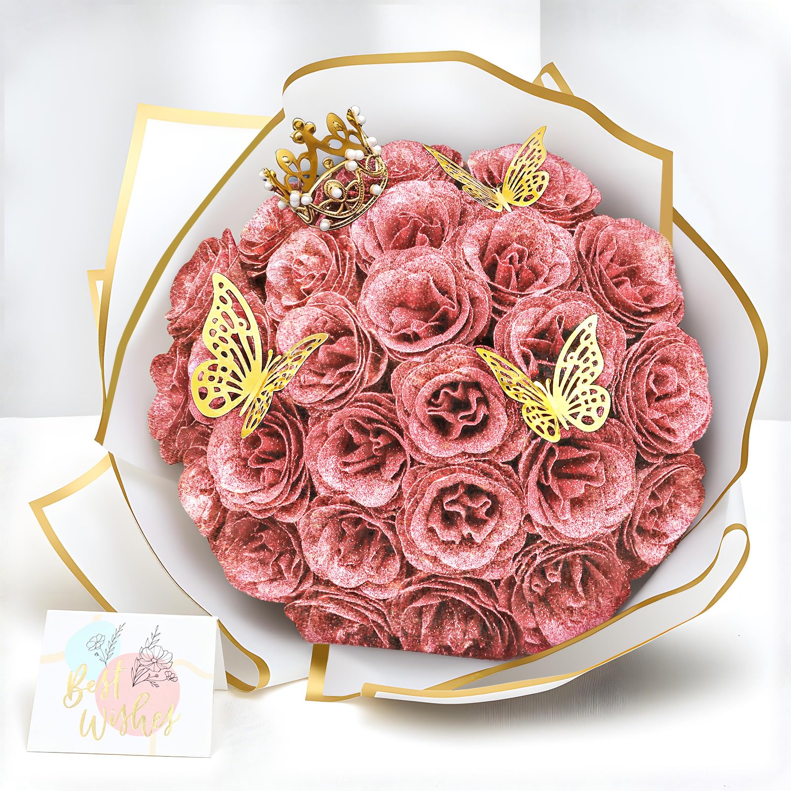 Dremisland 26 PCS Glitter Roses Bouquet Artificial Rose Flowers DIY Fake Glitter Rouge Pink Bouquets with Stems Crown Sparkly Rose Faux Flower for Gifts Valentine's Day Anniversary Birthday Mother