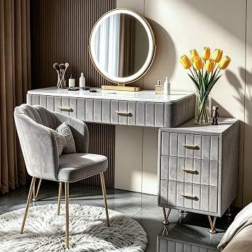 Dressing Table with LED Lights and 5 Drawer, Pre-Assembled