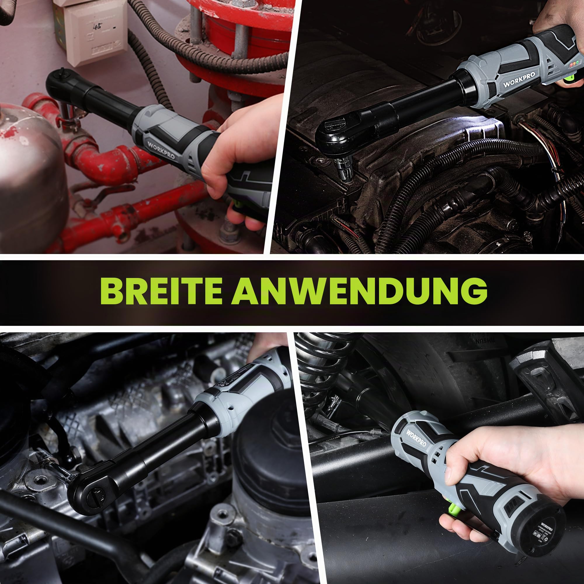 WORKPRO Akku Ratschenschlüssel 55 Nm Elektrische Ratschenschlüssel Set 12V Akku Ratsche 3/8" Kabellose Ratsche mit 2 x 2,0 Ah Akku, LED-Licht, inkl. 10 Stecknüsse, Aufbewahrungstasche, Ladegerät