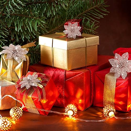 Vista 125 de 24 piezas de adorno de árbol de Navidad de Nochebuena con brillantina. Adorno de decoración de flores de Navidad. 3, 4 y 6 pulgadas / 7.62, 10.16