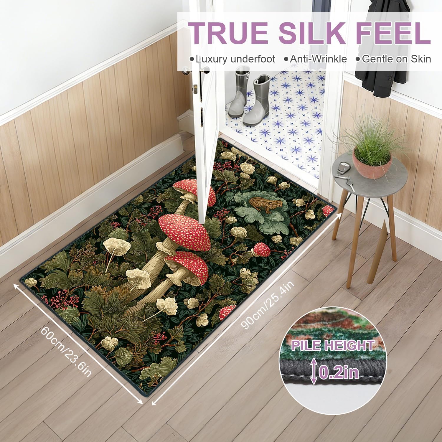 Washable 2x3 Entry Rug Vintage Botanical Mushroom Area Rug, Non Slip Low Pile Indoor Door Mat, Woodland Floral Decorative Rug for Entryway, Kitchen, Bedroom, Green Nature Design
