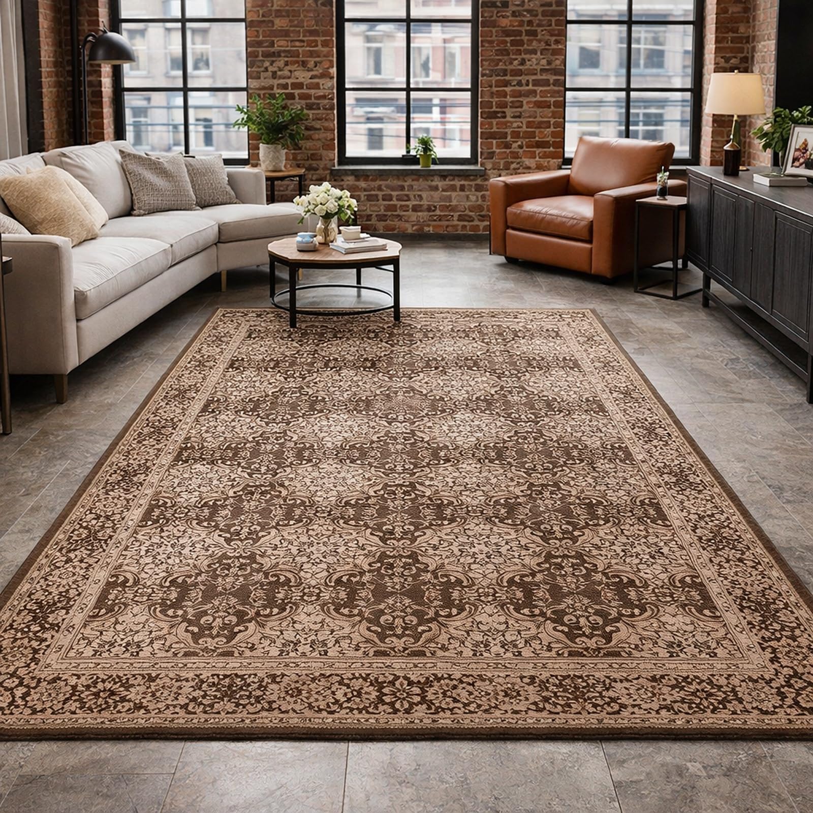 Generisch Dywan do salonu, w stylu retro, brązowy, beżowy, 120 x 200 cm, nadaje się do prania, do salonu, sypialni, gabinetu, biura, przedpokoju i kuchni