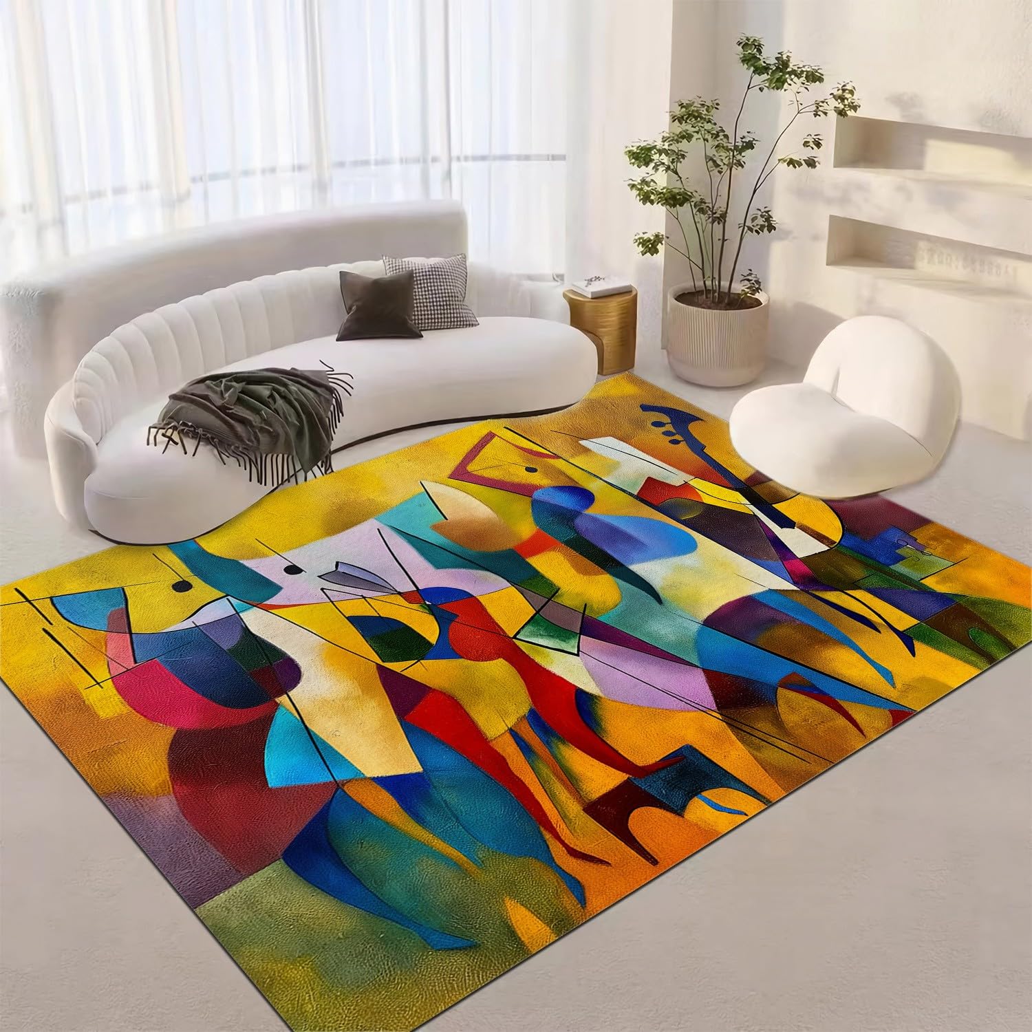 Grande Tapis Abstrait Notes De Musique Et Instruments, Flanell antidérapant Tapis 140 x 200 cm pour Salon Chambre, Jaune Décoration Maison Moquettes Doux Tapis de canapé Rampant