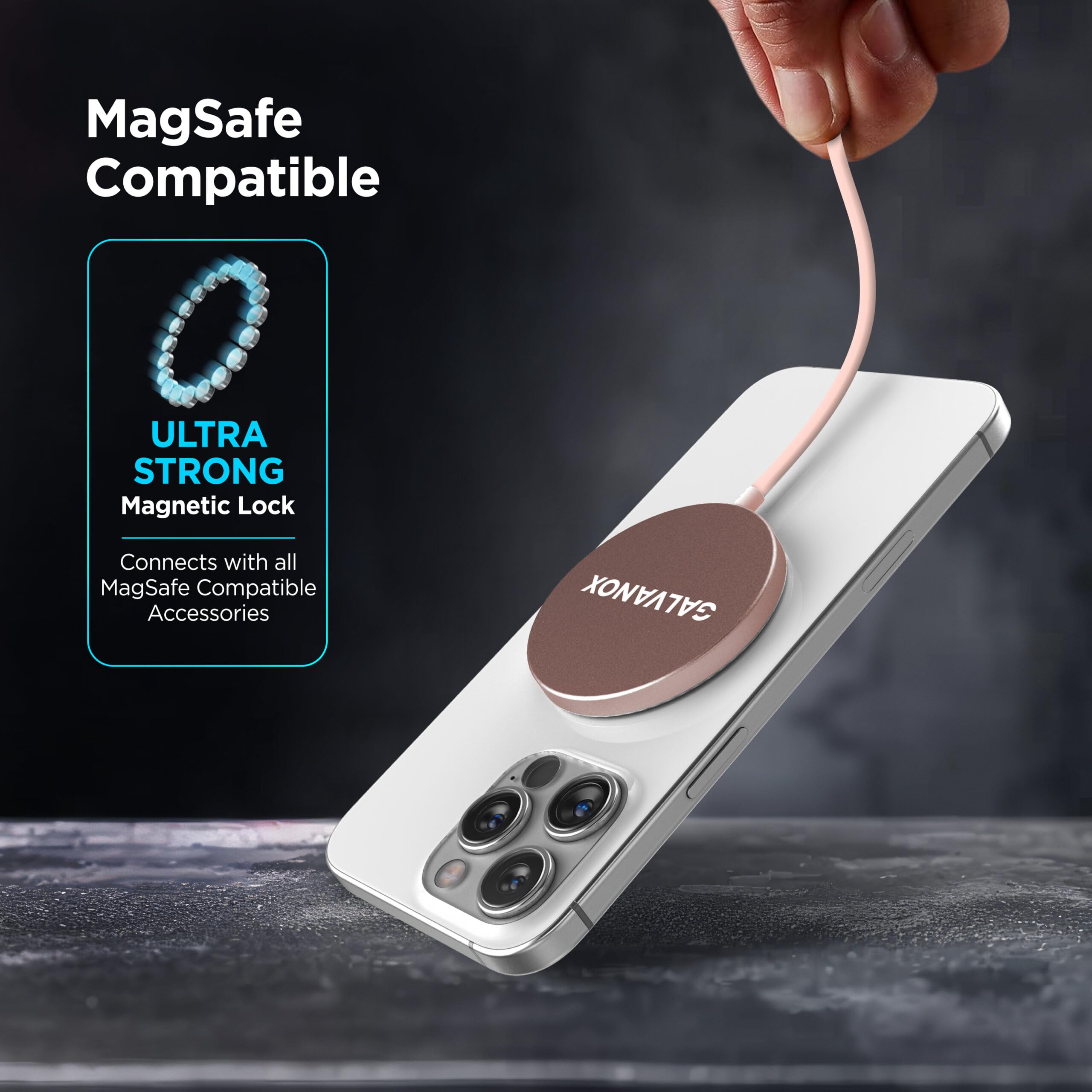 Galvanox Cargador inalámbrico magnético de 10 pies, paquete de 2, compatible con MagSafe (15 W) almohadilla de carga rápida con cable extra largo para iPhone (oro rosa)
