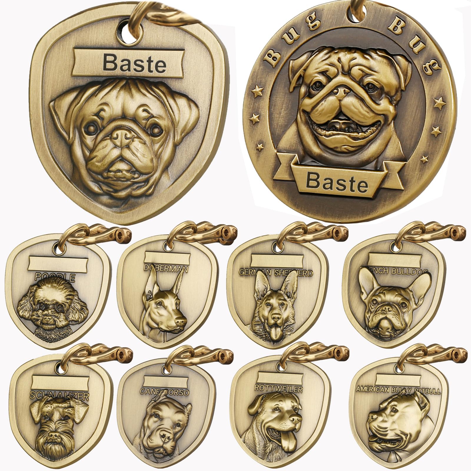 Pug Dog Tags Personalized for Pets Custom Engraved Dog Name Id Tag Pure Copper 3D Dimensional Embossed Pet Head Pug Dog Collar Accessories