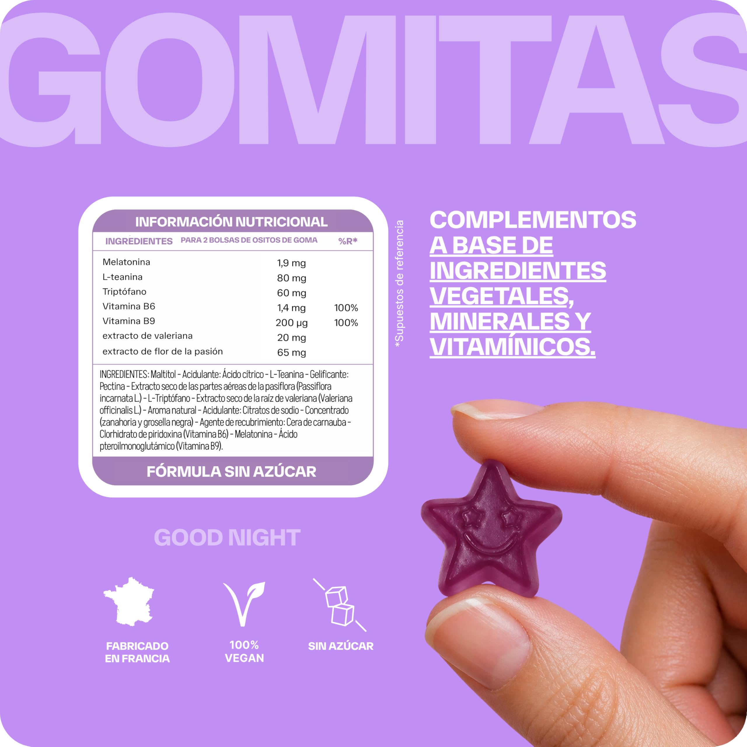 Lashilé Beauty - Complementos Alimenticios - Sueño reparador y conciliación rápida - Good Night Vitamines - Melatonina 1,9 mg, L-Teanina, Vit B6 - Fabricado en Francia - 60 Gummies