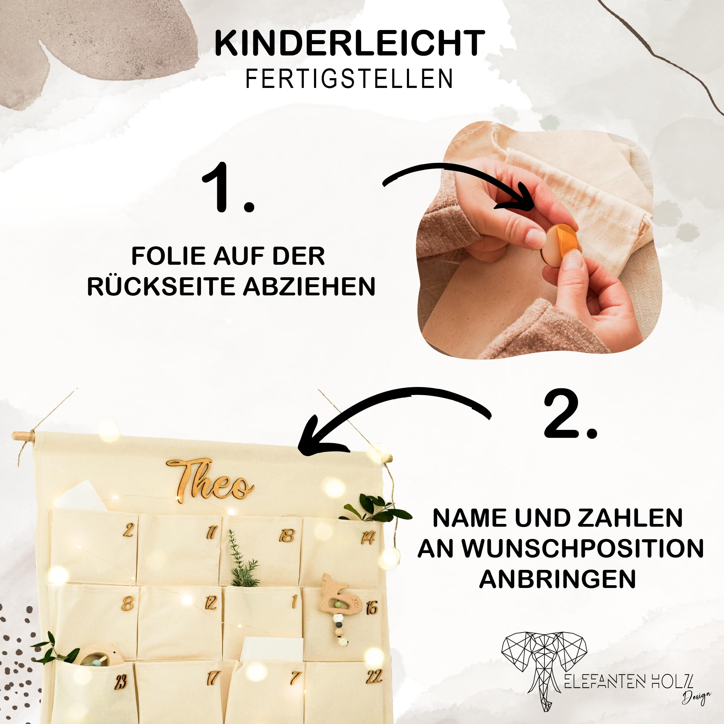 Adventskalender zum befüllen, Wandkalender aus Stoff, Personalisiert mit Name Stoffadventskalender Schriftzug aus Holz