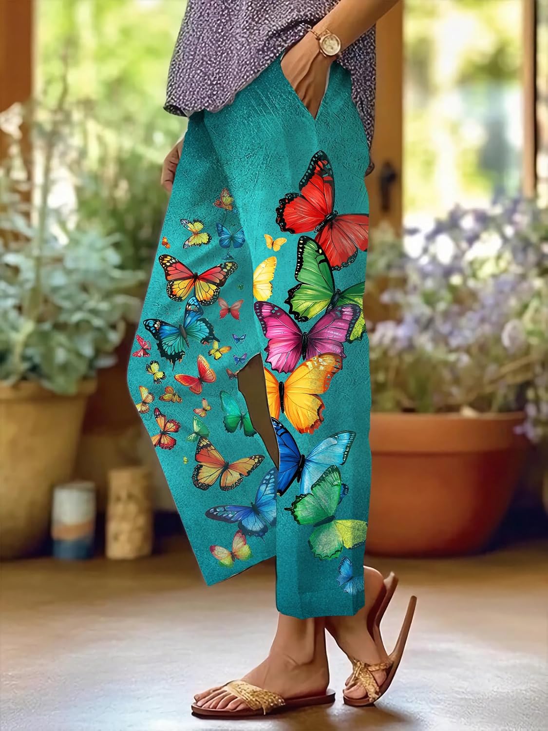 Linen Pants for Women Capri Boho Summer Baggy Palazzo Pants Floral Beach Pants with Pockets