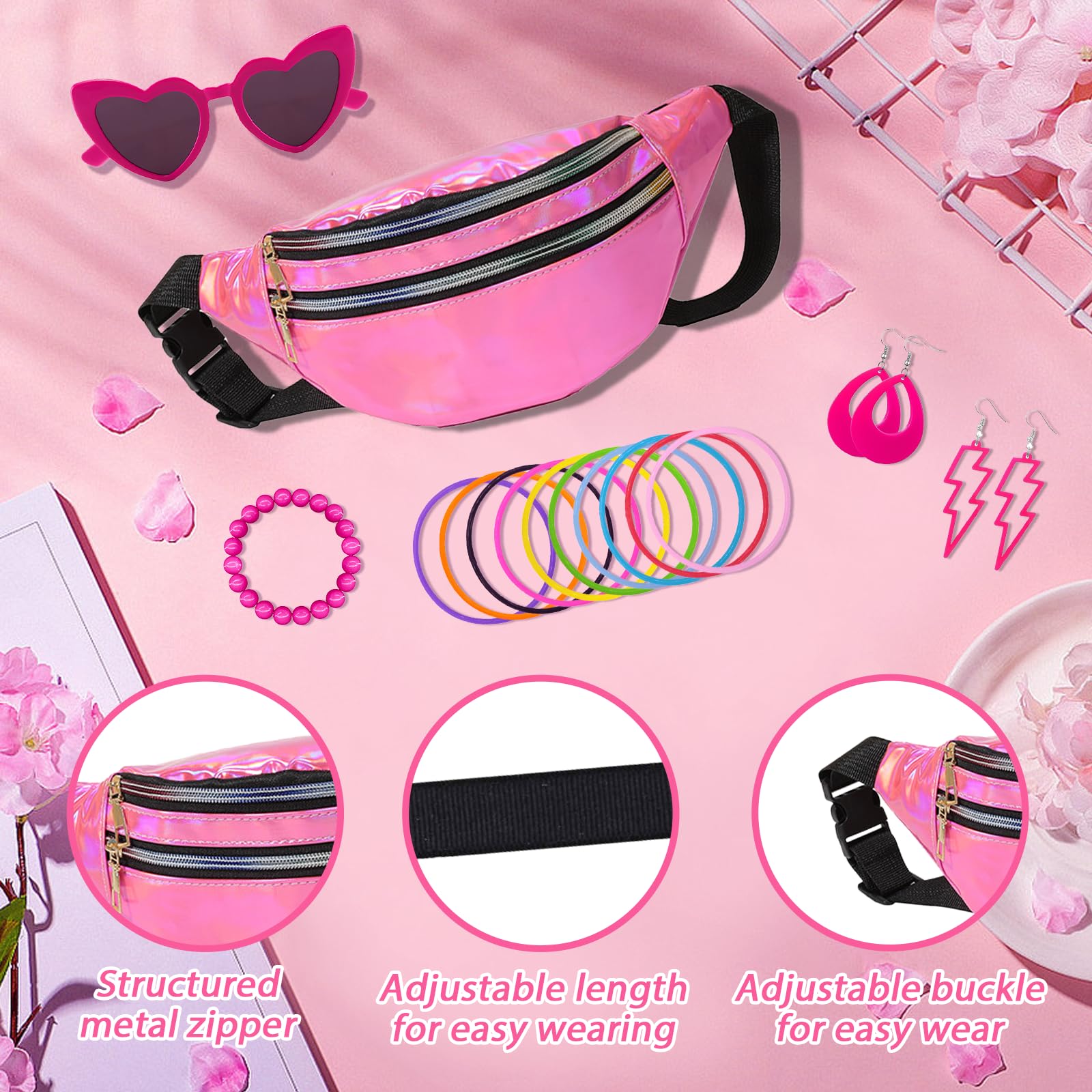 Xerteam 21 Pcs 90er Jahre Outfit Damen, 90er Jahre Accessoires 90er Retro Outfit mit Bauchtasche Damen Herzbrille Tattoo Kette Armband 80s 90s Ohrringe für Malle Accessoires Festival Party Outfit